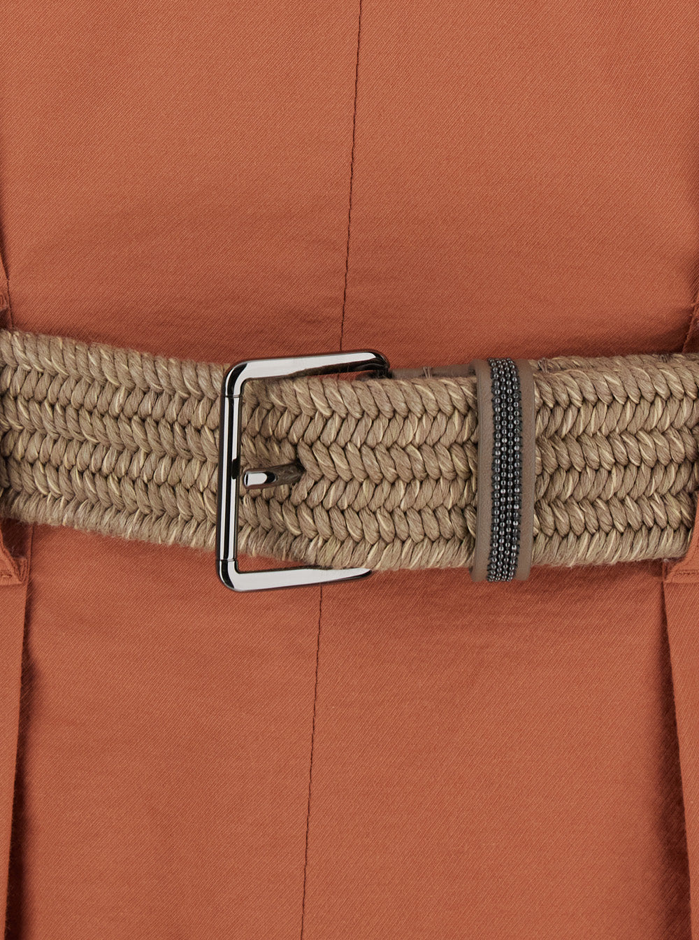 Brunello Cucinelli Women Orange Pleated Midi Dress With V-Neck And Belt With Monil Detail On The Front In Cotton For Women