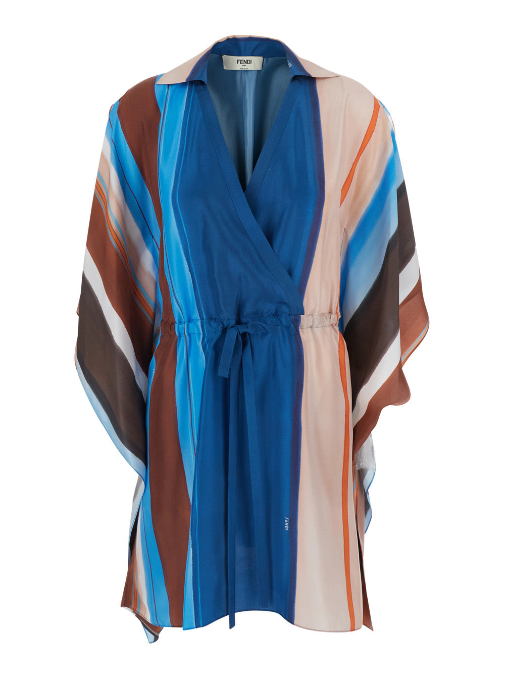 Fendi Women Multicolor Short Dress With Crossed V-Neck And All-Over Striped Motif In Silk For Women