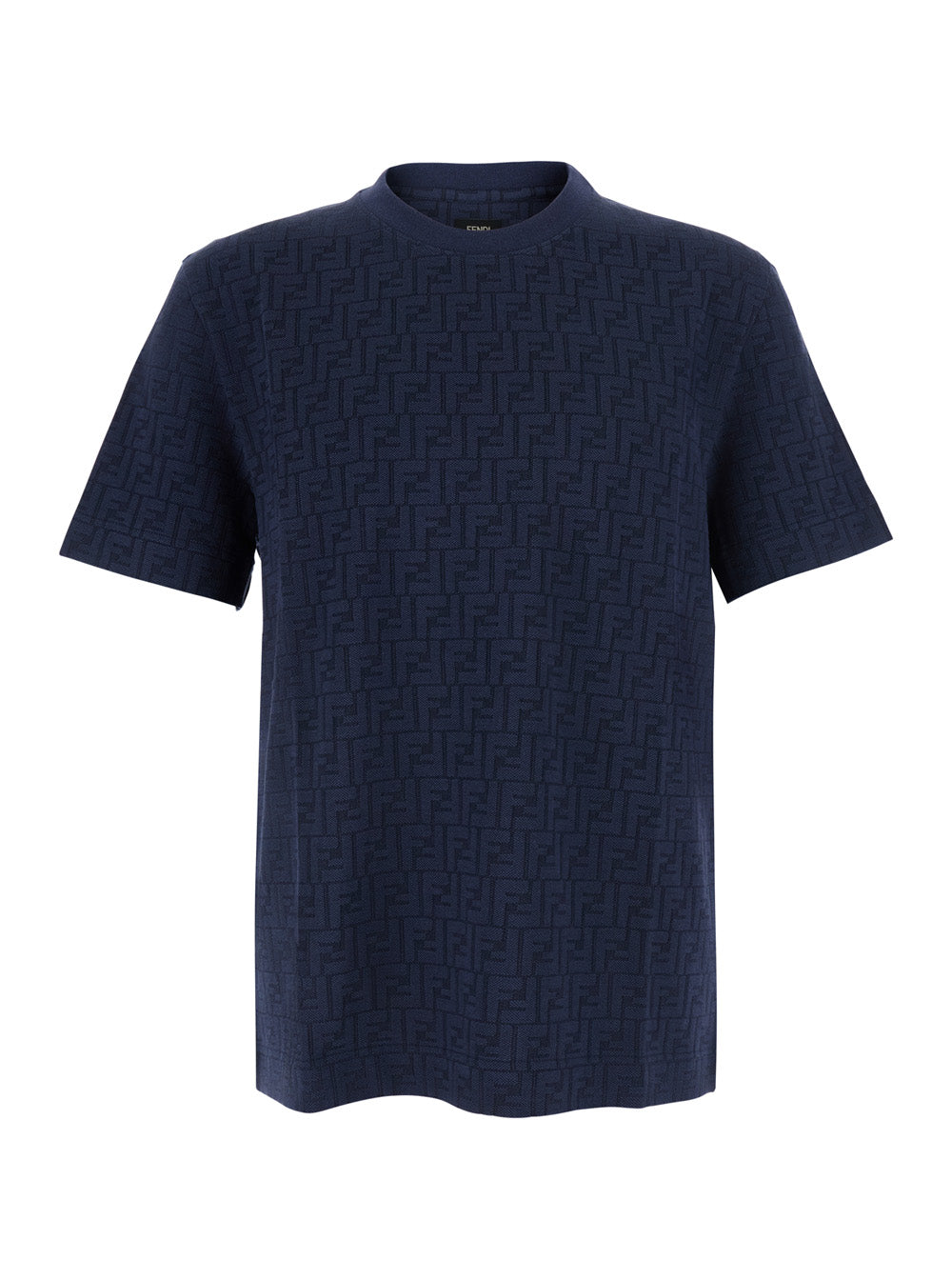 Fendi Men Blue Crew Neck T-Shirt With Ff All-Over Motif In Cotton For Men