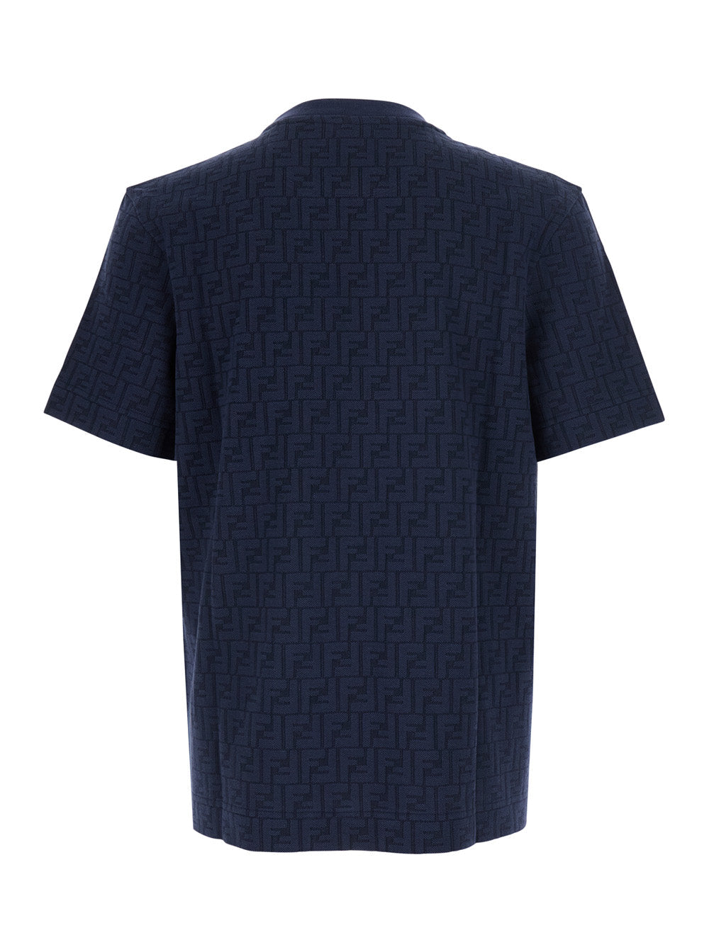 Fendi Men Blue Crew Neck T-Shirt With Ff All-Over Motif In Cotton For Men
