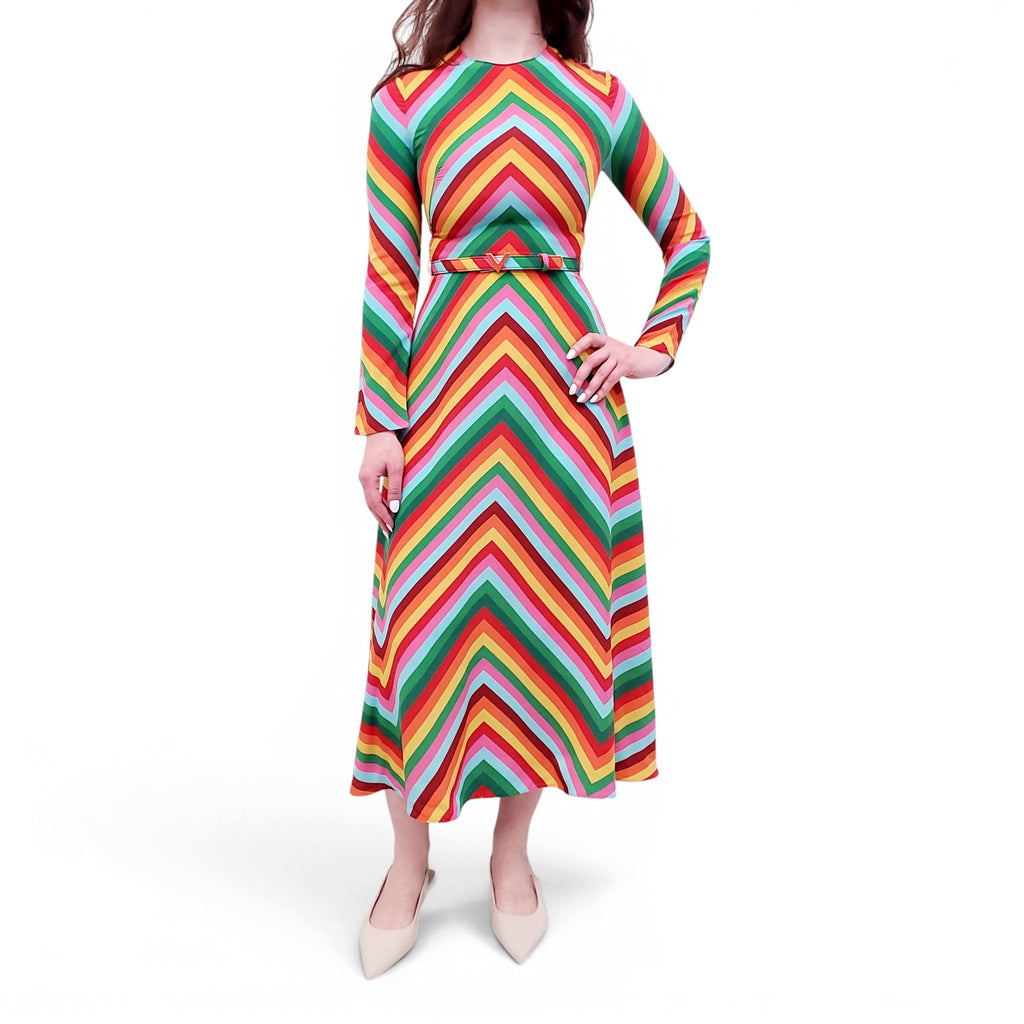VALENTINO MULTICOLOURED LONG-SLEEVE DRESS WITH LOGO BELT - SIZE 36