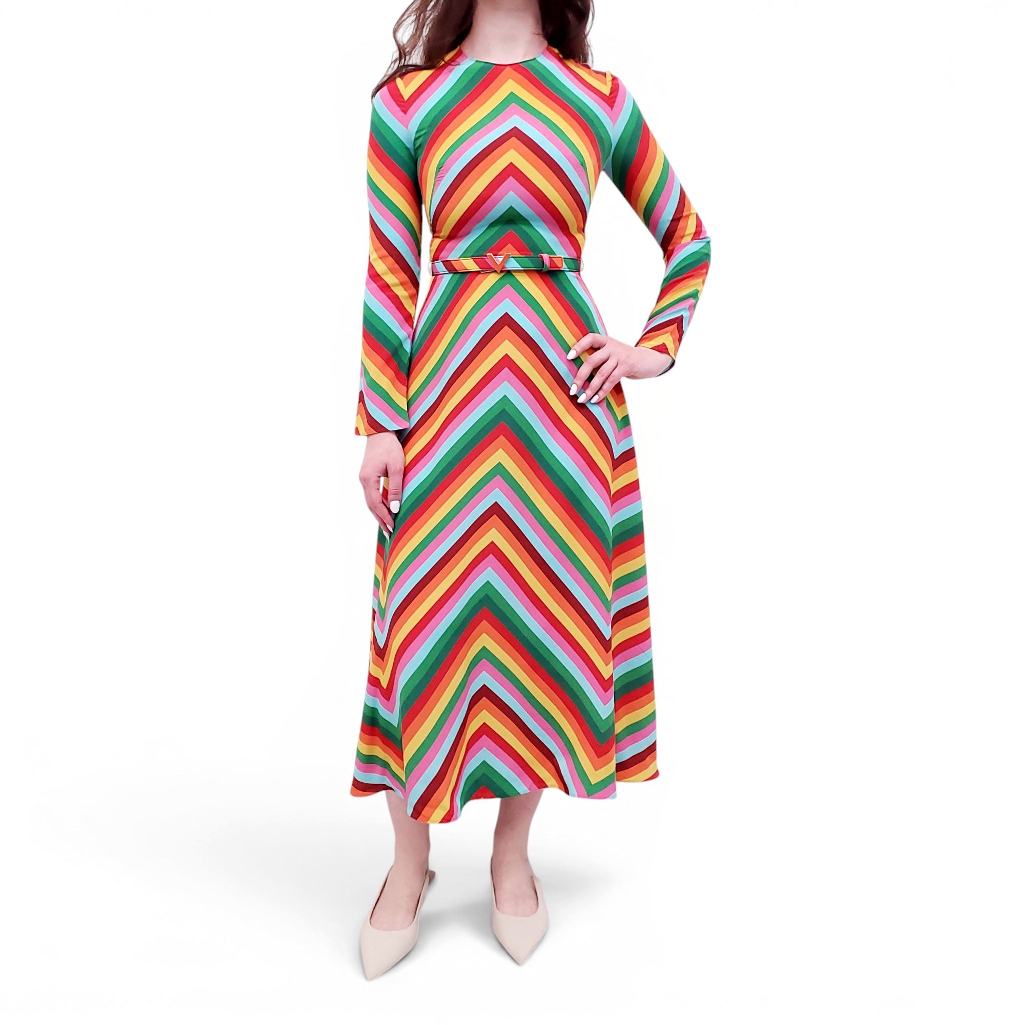 VALENTINO MULTICOLOURED LONG-SLEEVE DRESS WITH LOGO BELT - SIZE 36