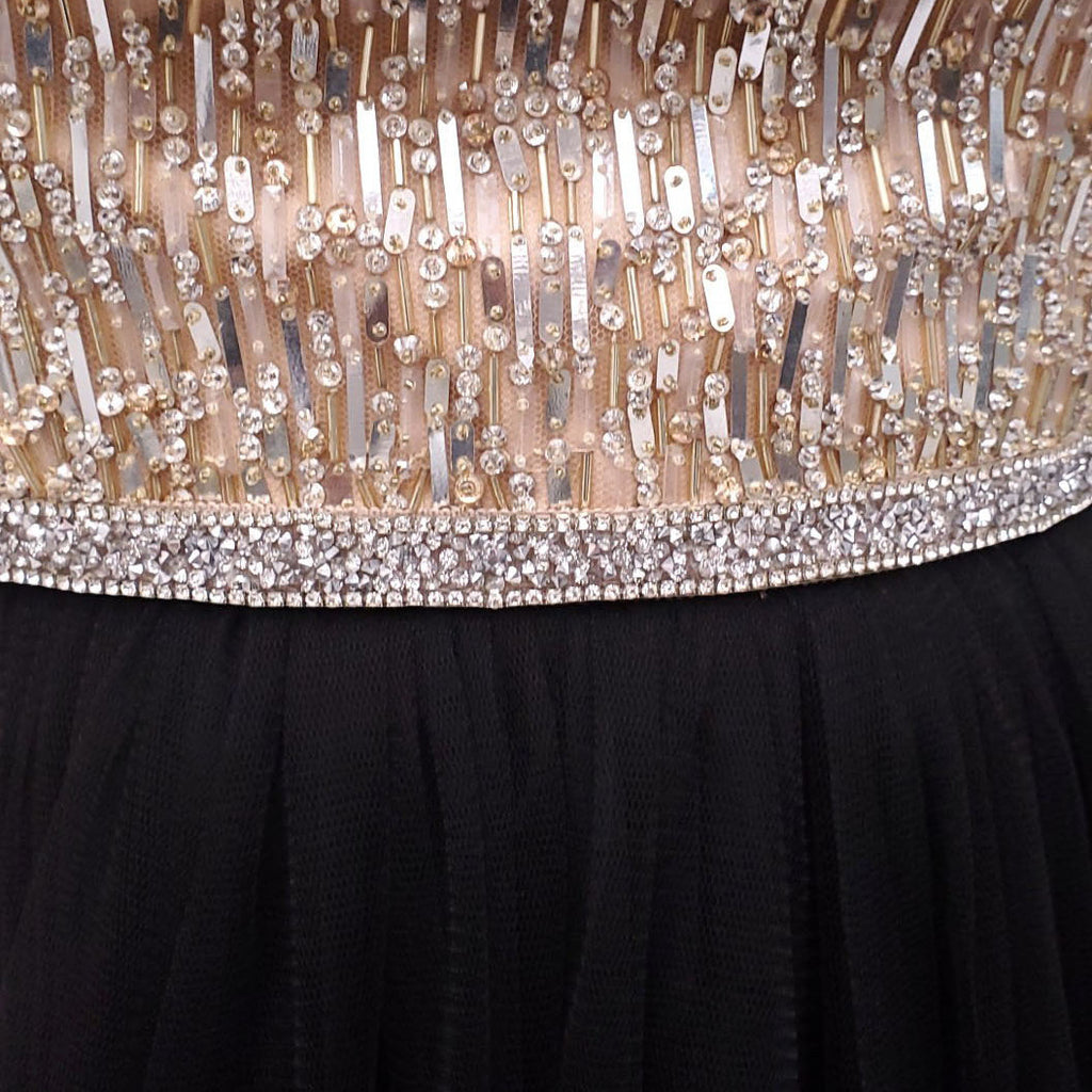 JENNY PACKHAM TULLE GOWN WITH GOLD AND SILVER BEADING - SIZE 8