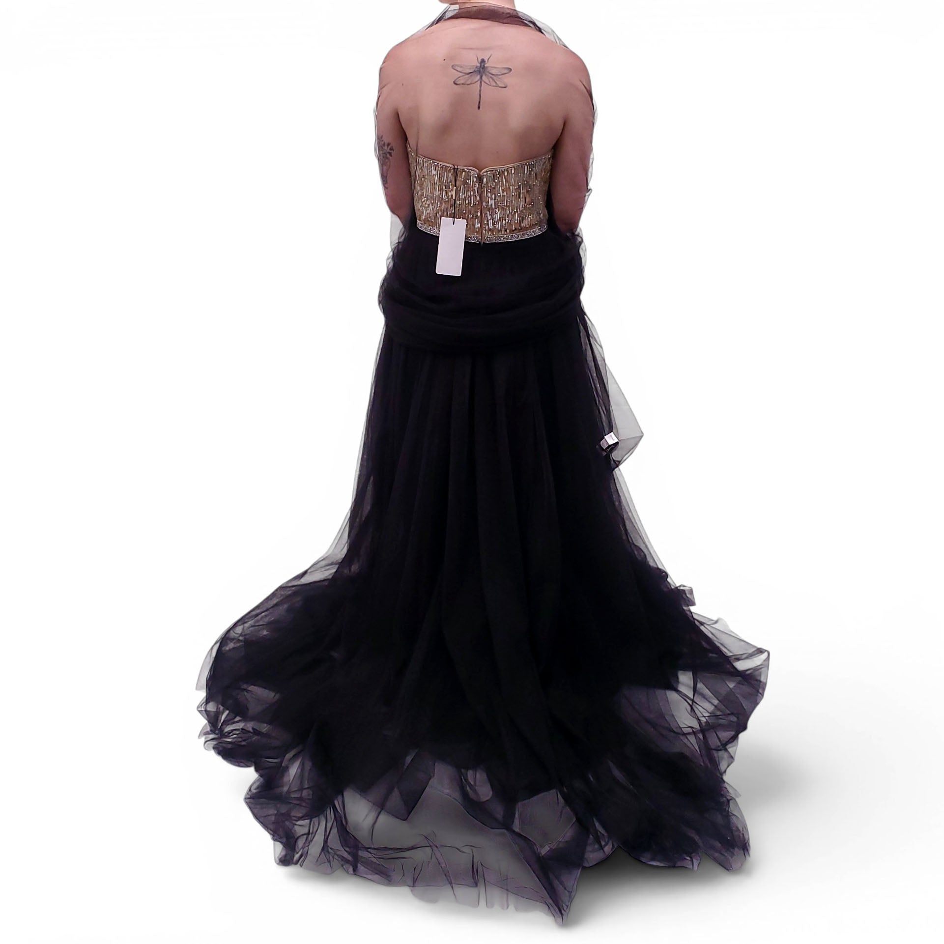 JENNY PACKHAM TULLE GOWN WITH GOLD AND SILVER BEADING - SIZE 8