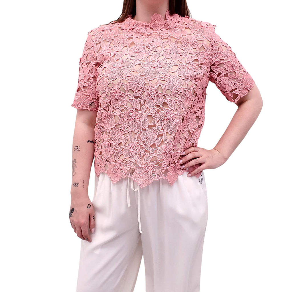 OSCAR DE LA RENTA PINK AND NUDE EYELET SHORT SLEEVE BLOUSE - SIZE 8