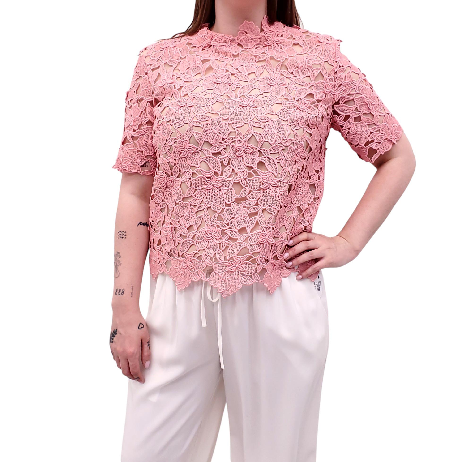 OSCAR DE LA RENTA PINK AND NUDE EYELET SHORT SLEEVE BLOUSE - SIZE 8
