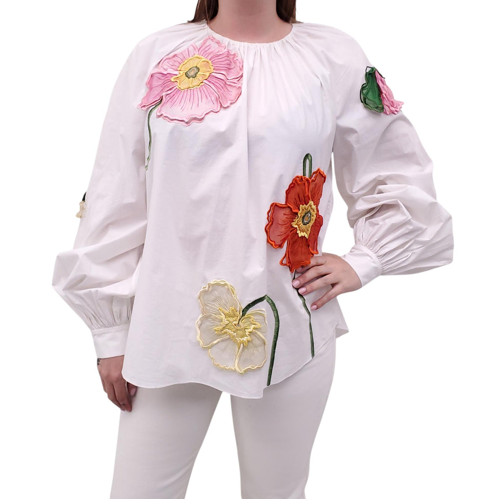 OSCAR DE LA RENTA WHITE FLORAL EMBROIDERED BLOUSE - SIZE 10