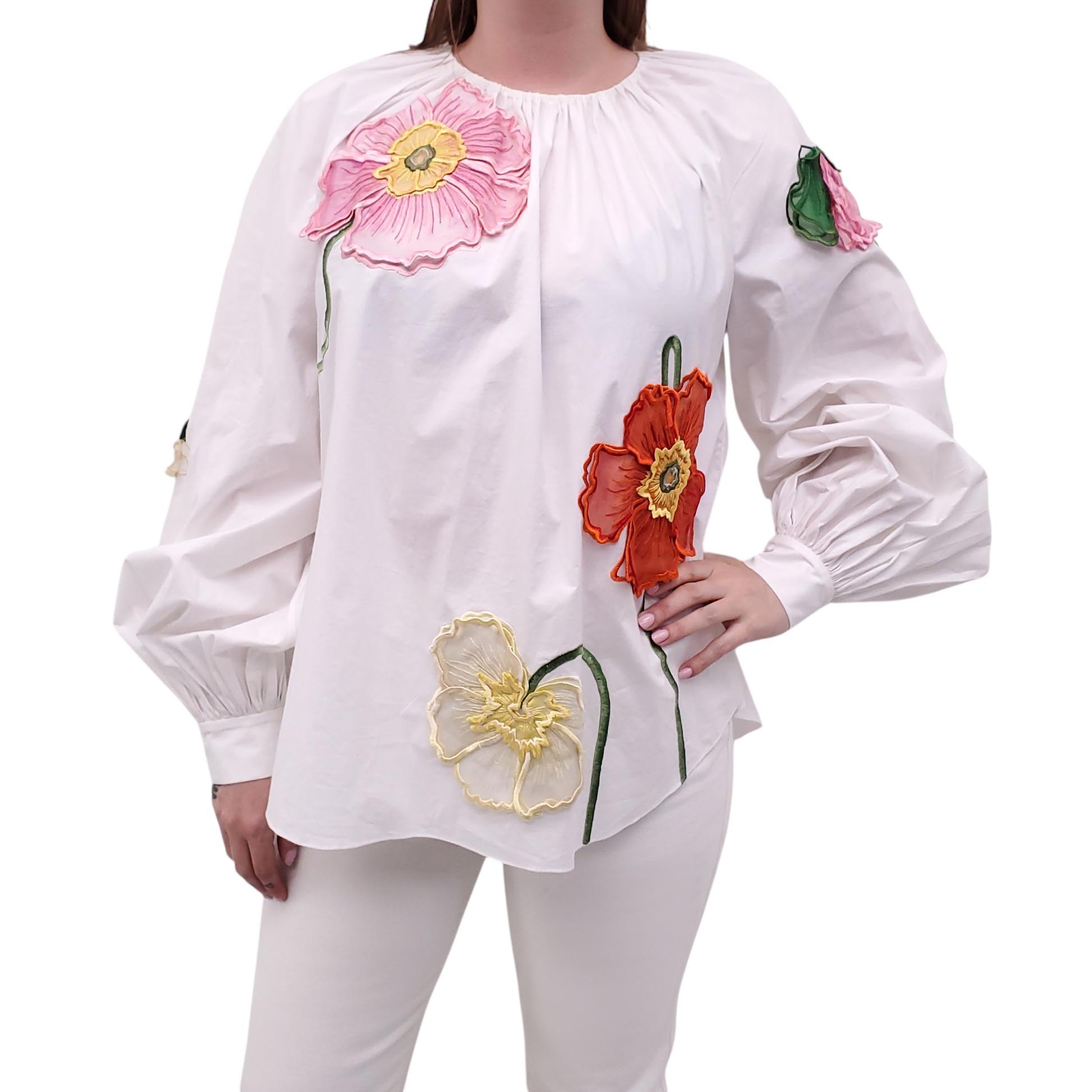 OSCAR DE LA RENTA WHITE FLORAL EMBROIDERED BLOUSE - SIZE 10