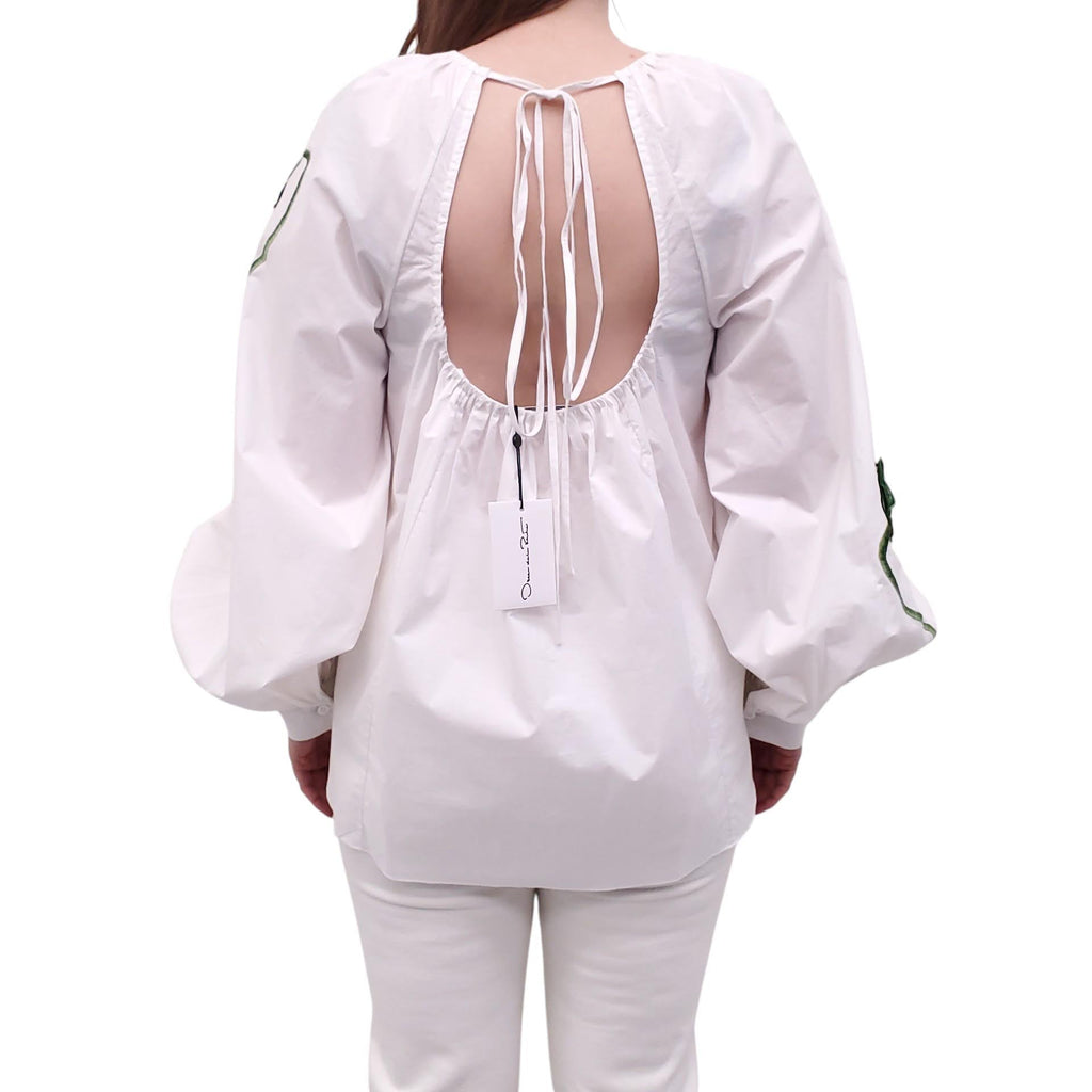 OSCAR DE LA RENTA WHITE FLORAL EMBROIDERED BLOUSE - SIZE 10