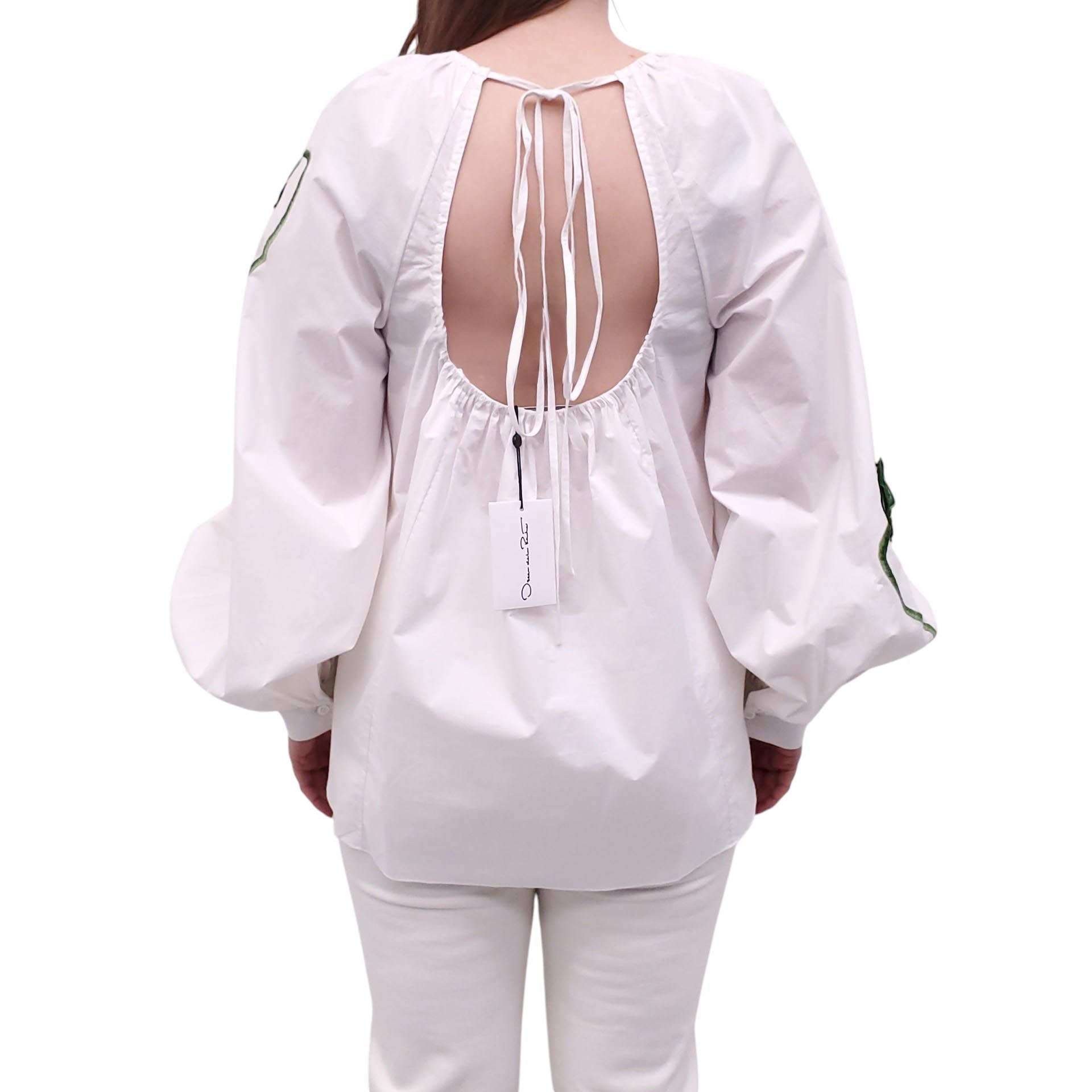 OSCAR DE LA RENTA WHITE FLORAL EMBROIDERED BLOUSE - SIZE 10