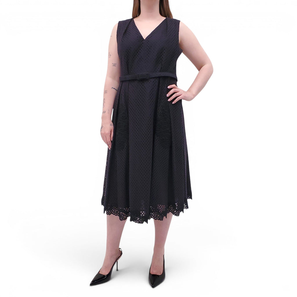 ERDEM BLACK EYELET DRESS WITH BELT DETAIL - SIZE 12