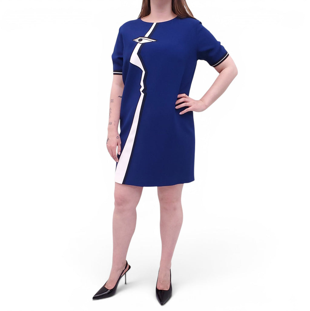 ANDREW GN NAVY DRESS WITH EMBROIDERED ABSTRACT FACE DESIGN - SIZE 44