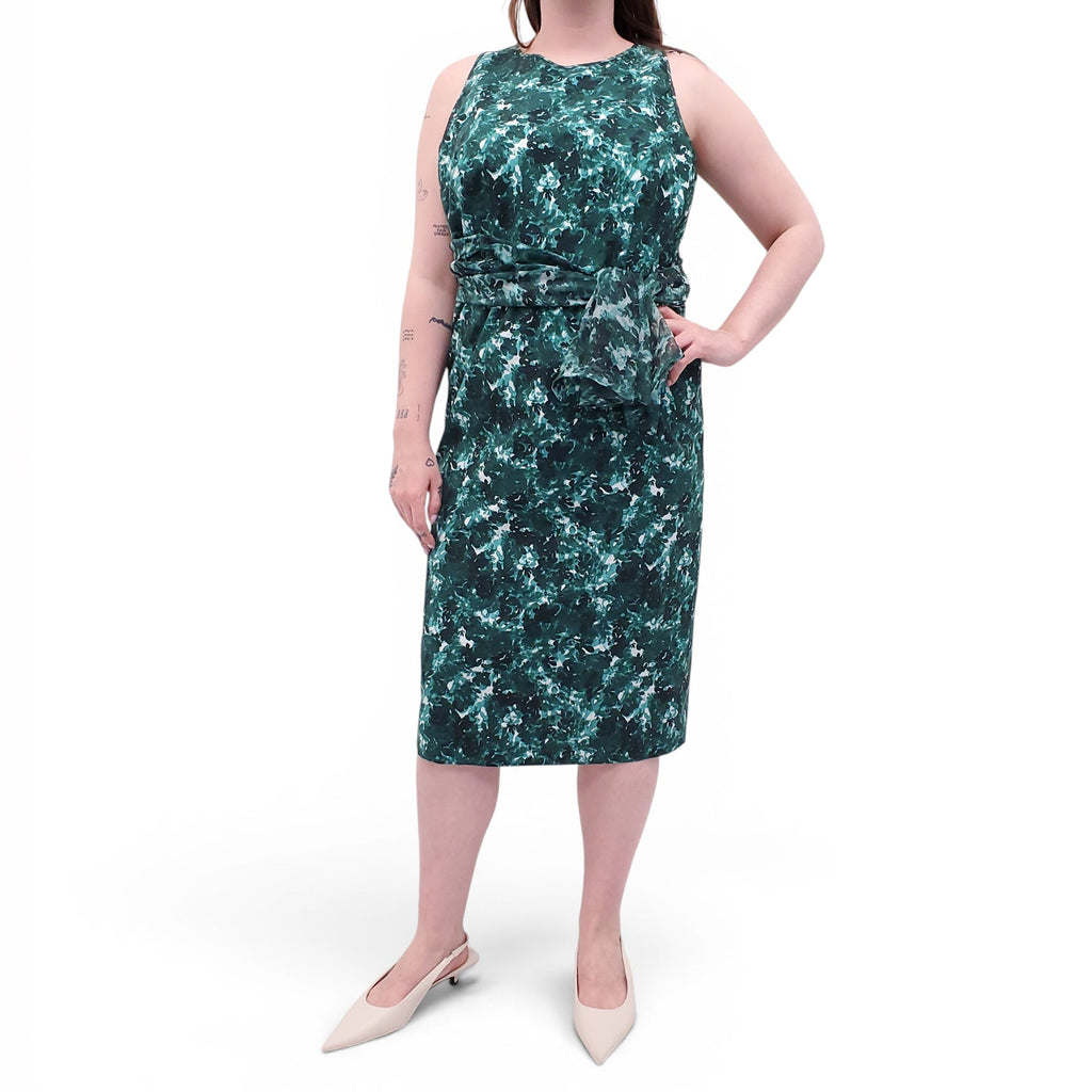 GIAMBATTISTA VALLI GREEN FLORAL DRESS WITH RIBBON SILK DETAIL - SIZE 48