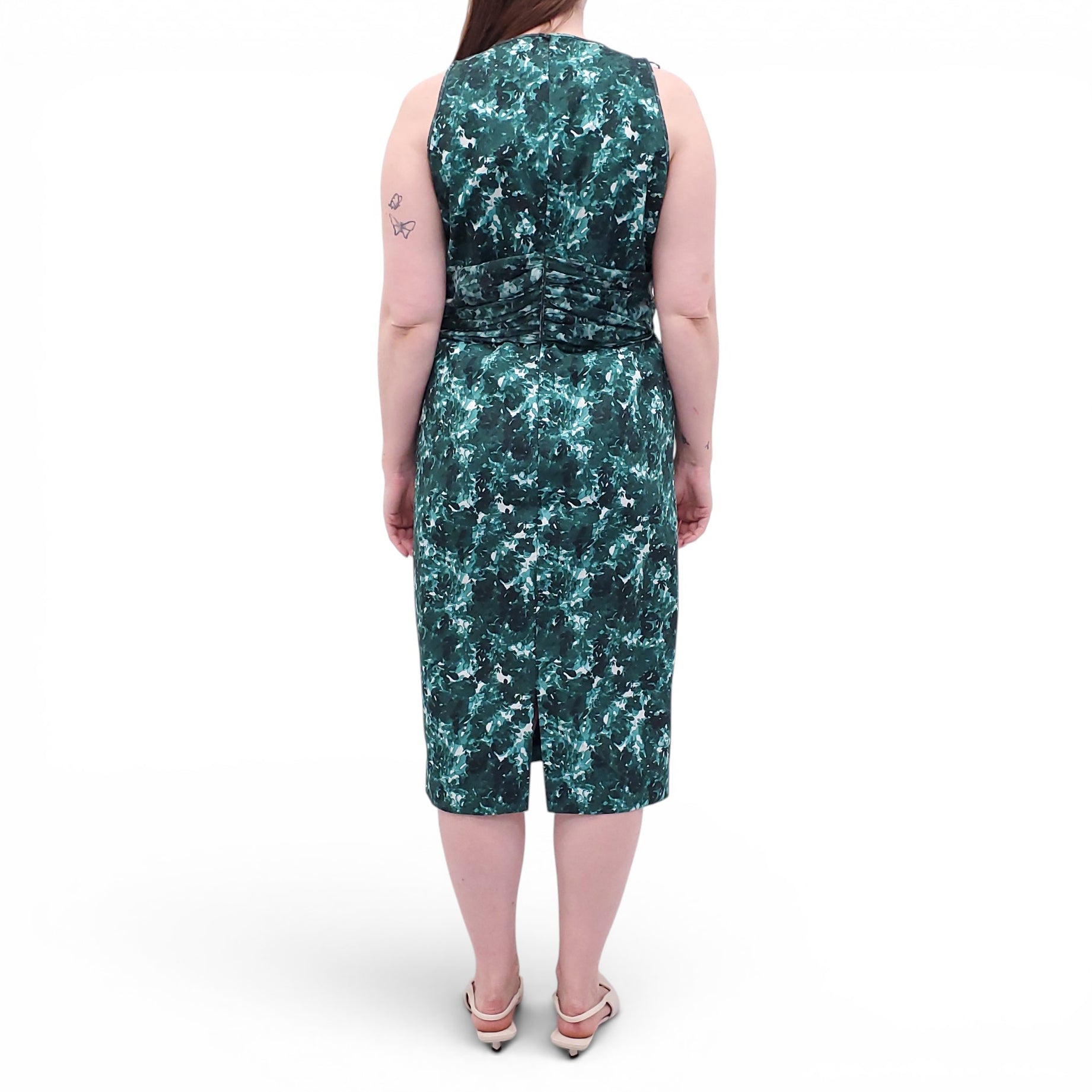 GIAMBATTISTA VALLI GREEN FLORAL DRESS WITH RIBBON SILK DETAIL - SIZE 48