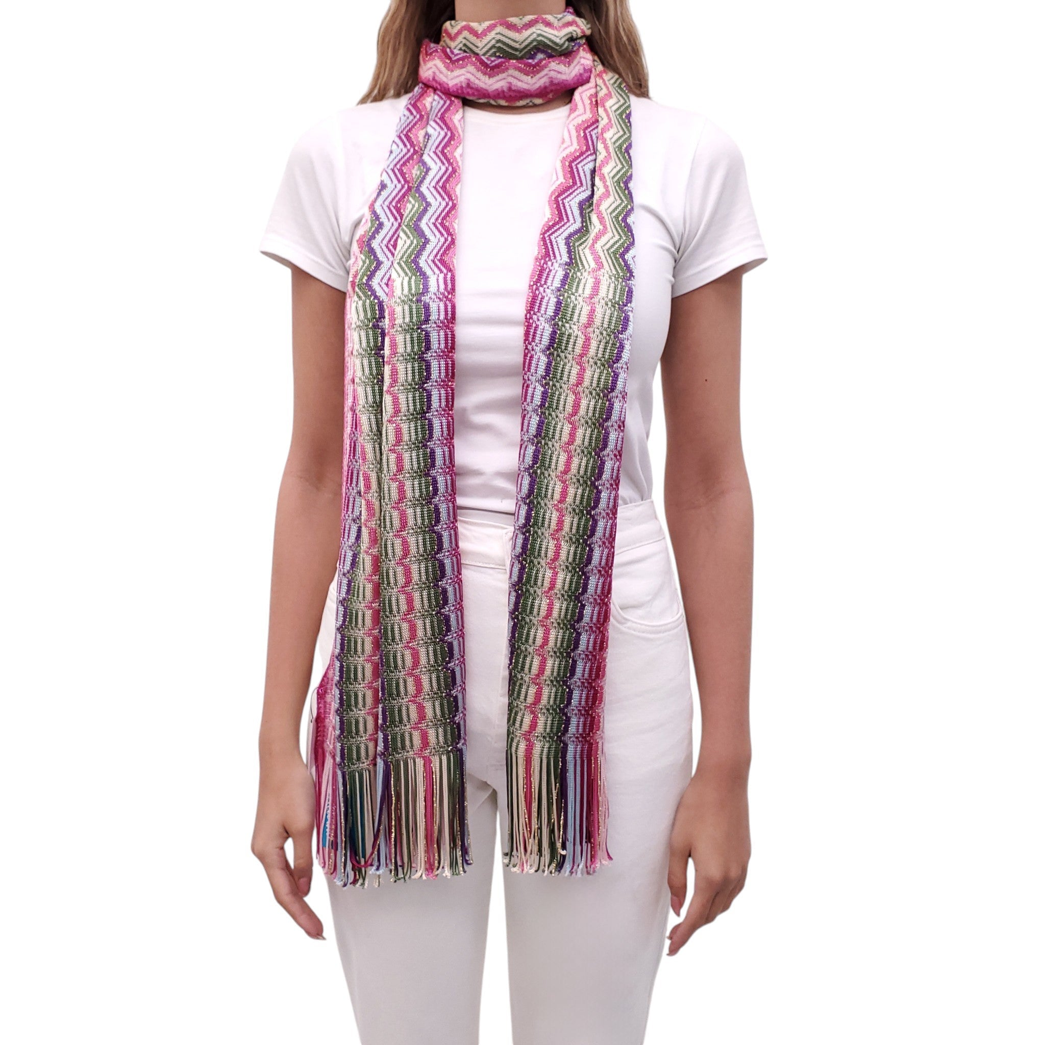 MISSONI METALLIC PINK, PURPLE AND GREEN CHEVRON FRINGE SCARF