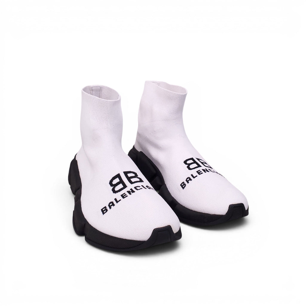 BALENCIAGA WHITE AND BLACK LOGO KNIT SPEED LT SNEAKERS - SIZE 40