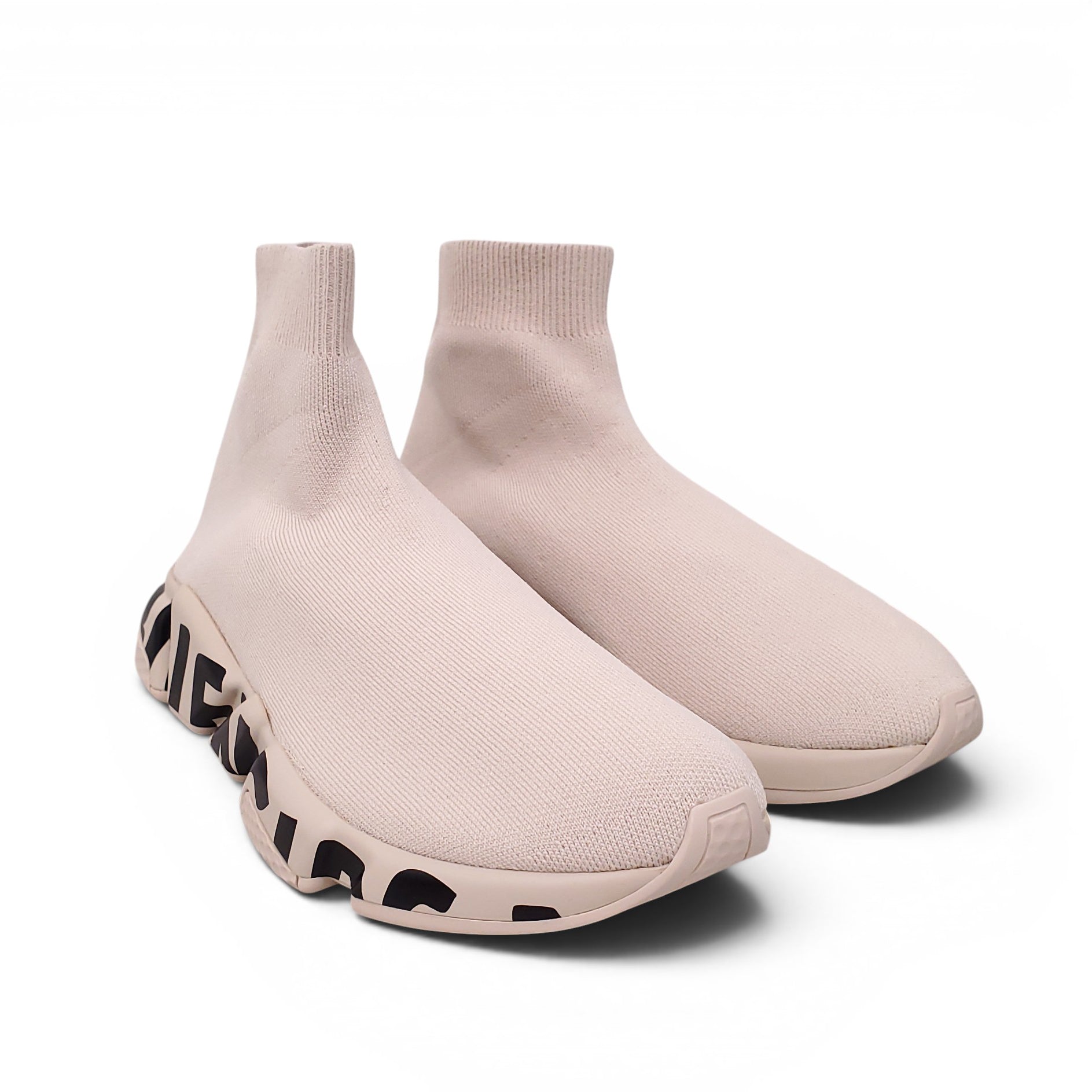 BALENCIAGA BEIGE AND BLACK KNIT SPEED LT GRAFFITI SNEAKERS - SIZE 40