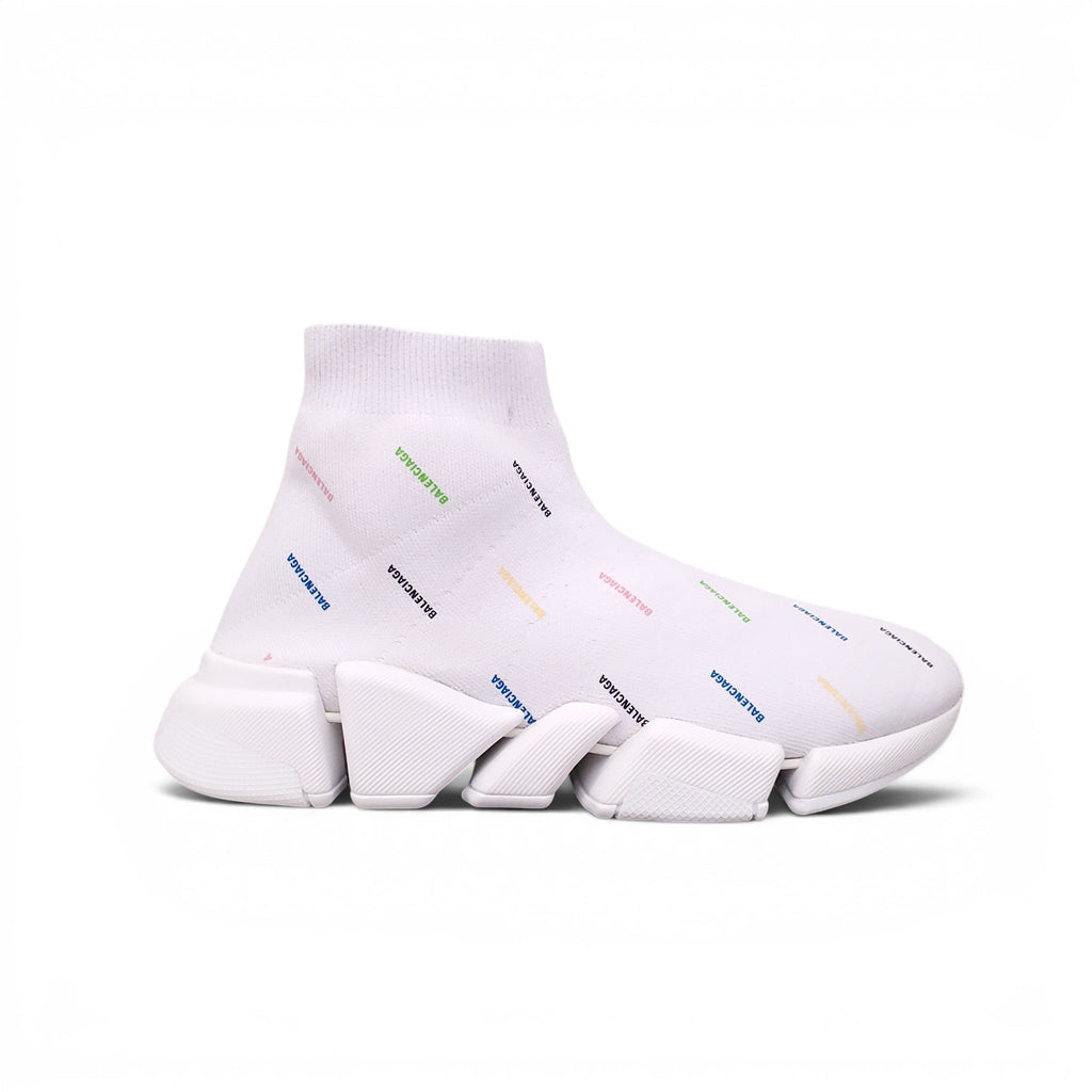 BALENCIAGA WHITE AND MULTICOLOURED KNIT SPEED 2.0 GRAFFITI SNEAKERS - SIZE 40