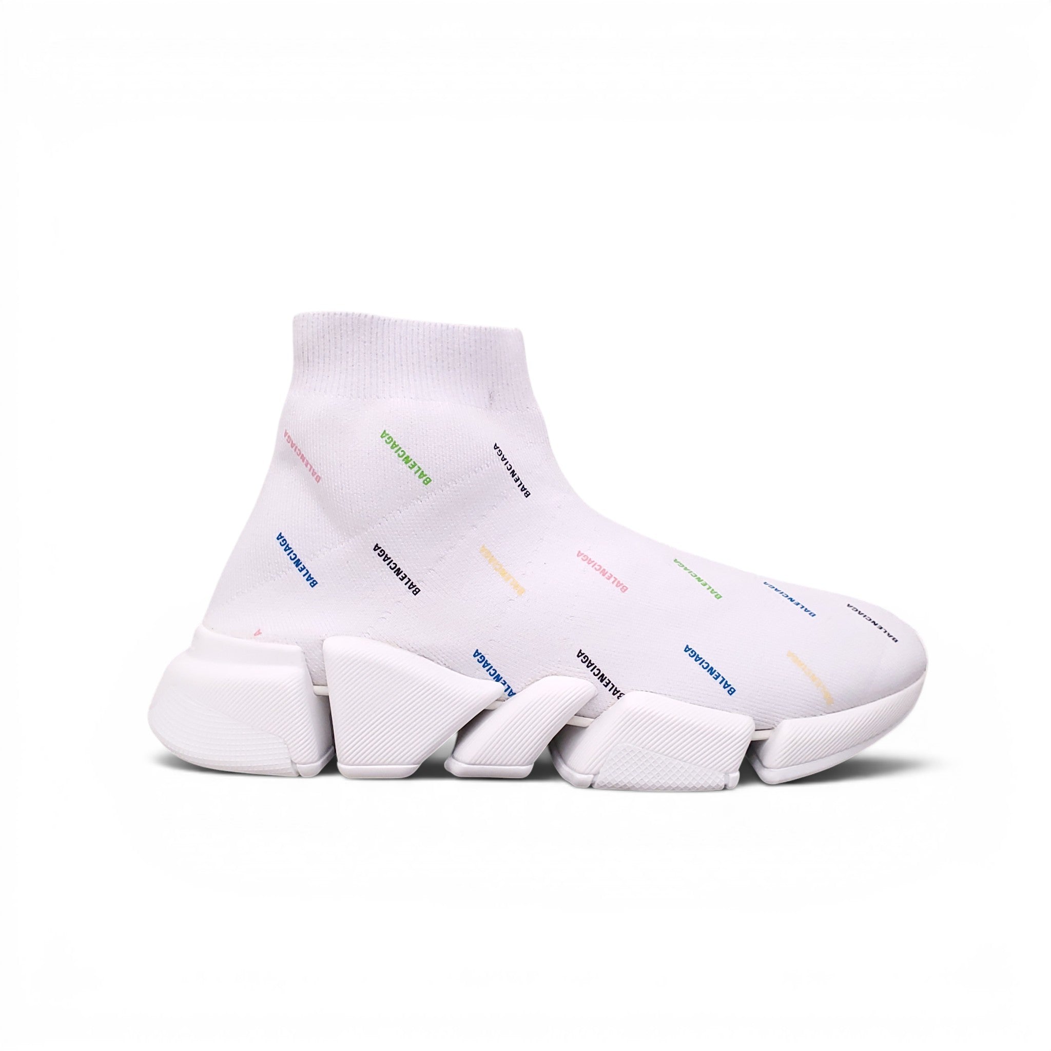 BALENCIAGA WHITE AND MULTICOLOURED KNIT SPEED 2.0 GRAFFITI SNEAKERS - SIZE 40