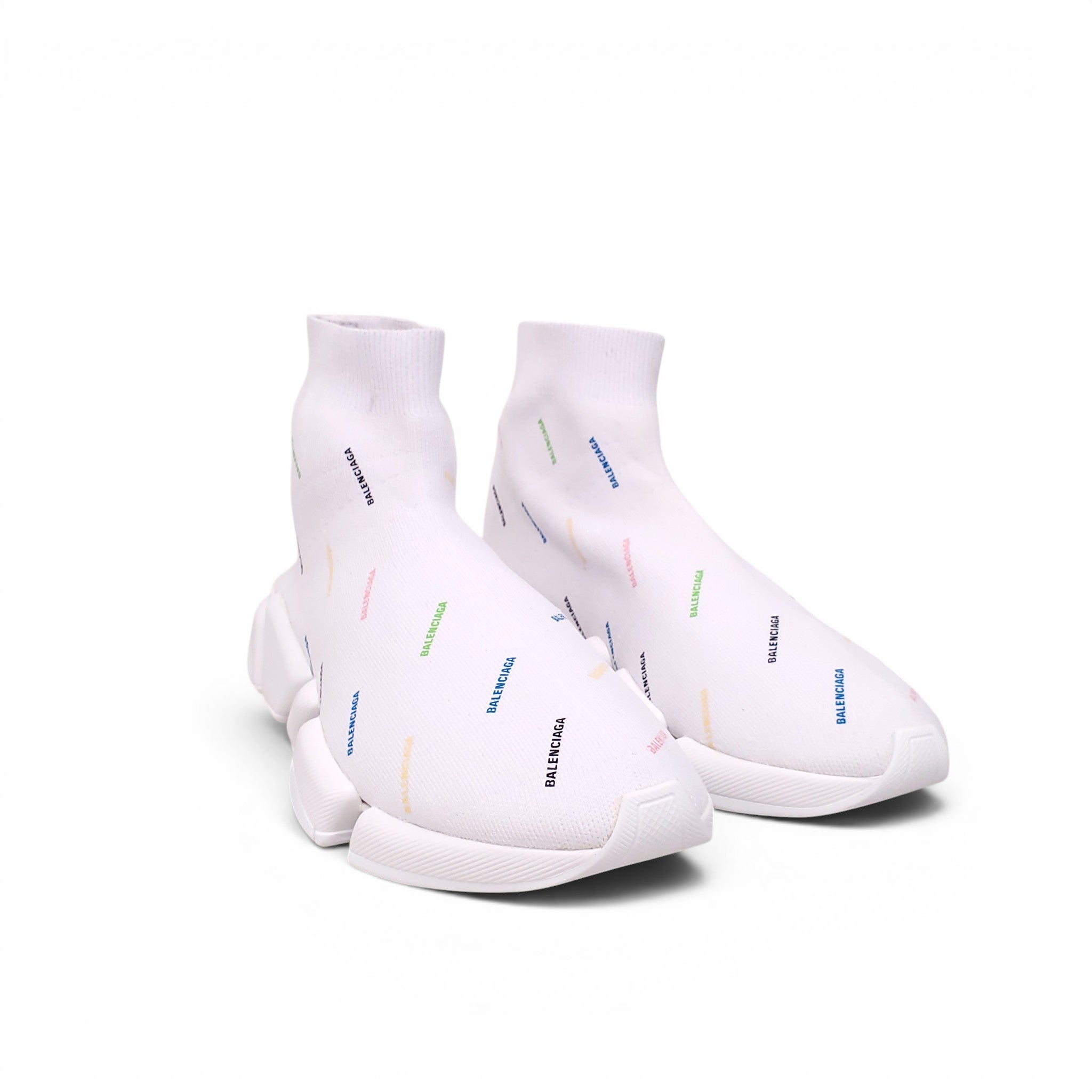 BALENCIAGA WHITE AND MULTICOLOURED KNIT SPEED 2.0 GRAFFITI SNEAKERS - SIZE 40