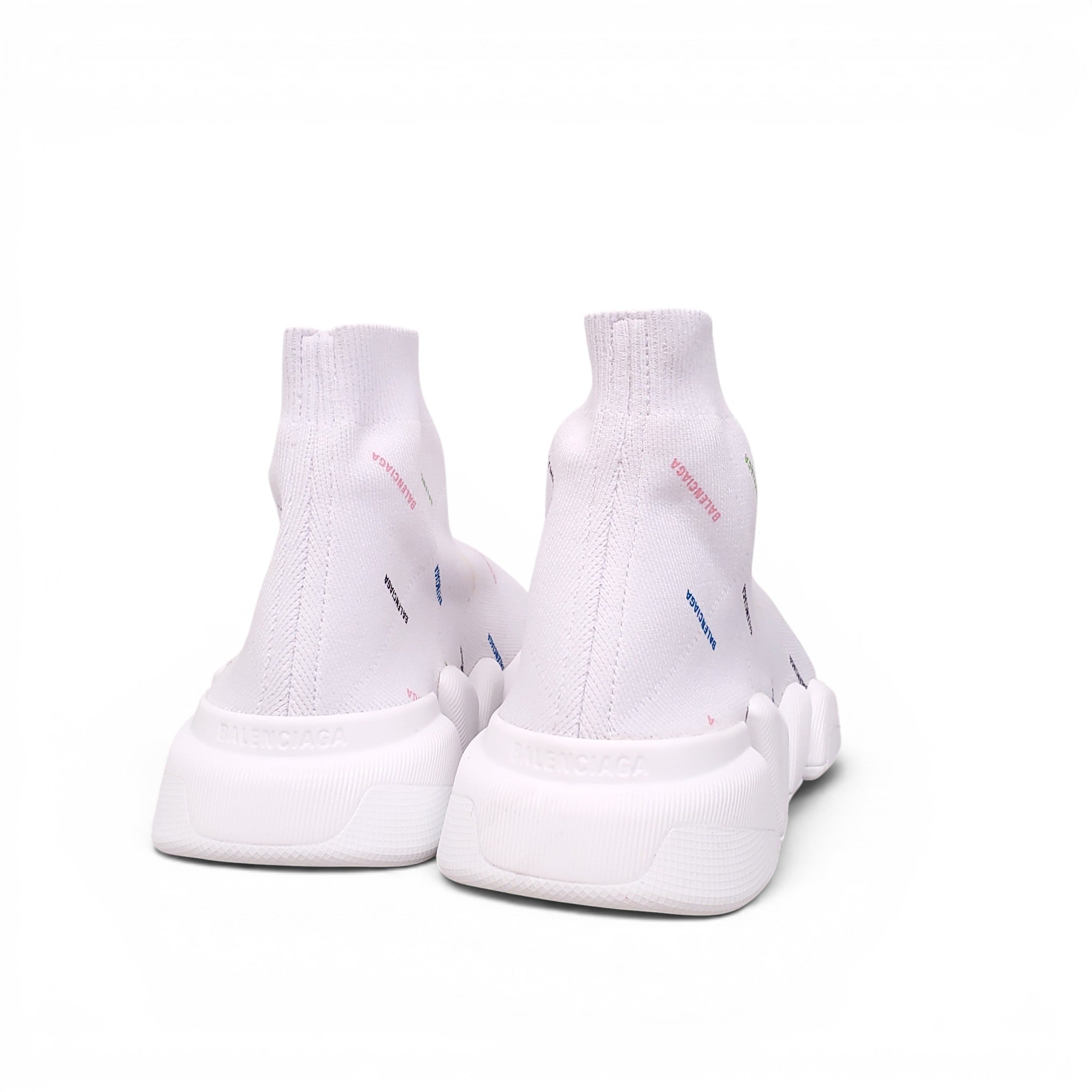 BALENCIAGA WHITE AND MULTICOLOURED KNIT SPEED 2.0 GRAFFITI SNEAKERS - SIZE 40
