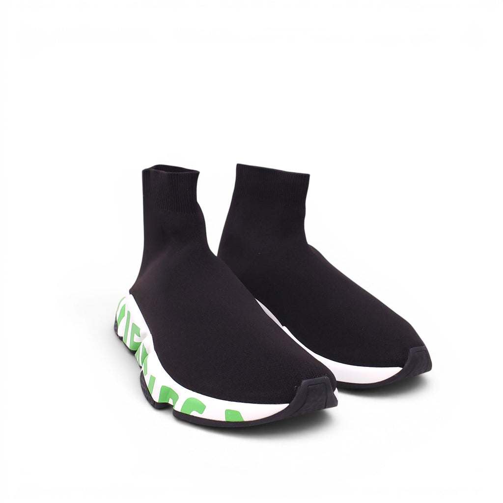 BALENCIAGA BLACK AND FLUORESCENT GREEN KNIT SPEED LT GRAFFITI SNEAKERS - SIZE 40