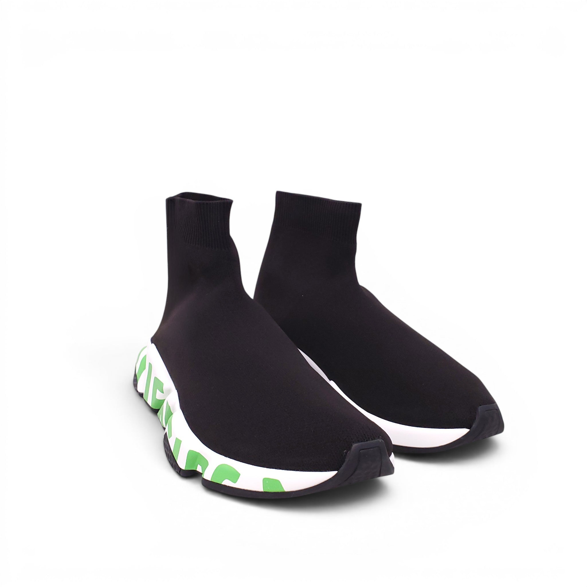 BALENCIAGA BLACK AND FLUORESCENT GREEN KNIT SPEED LT GRAFFITI SNEAKERS - SIZE 40