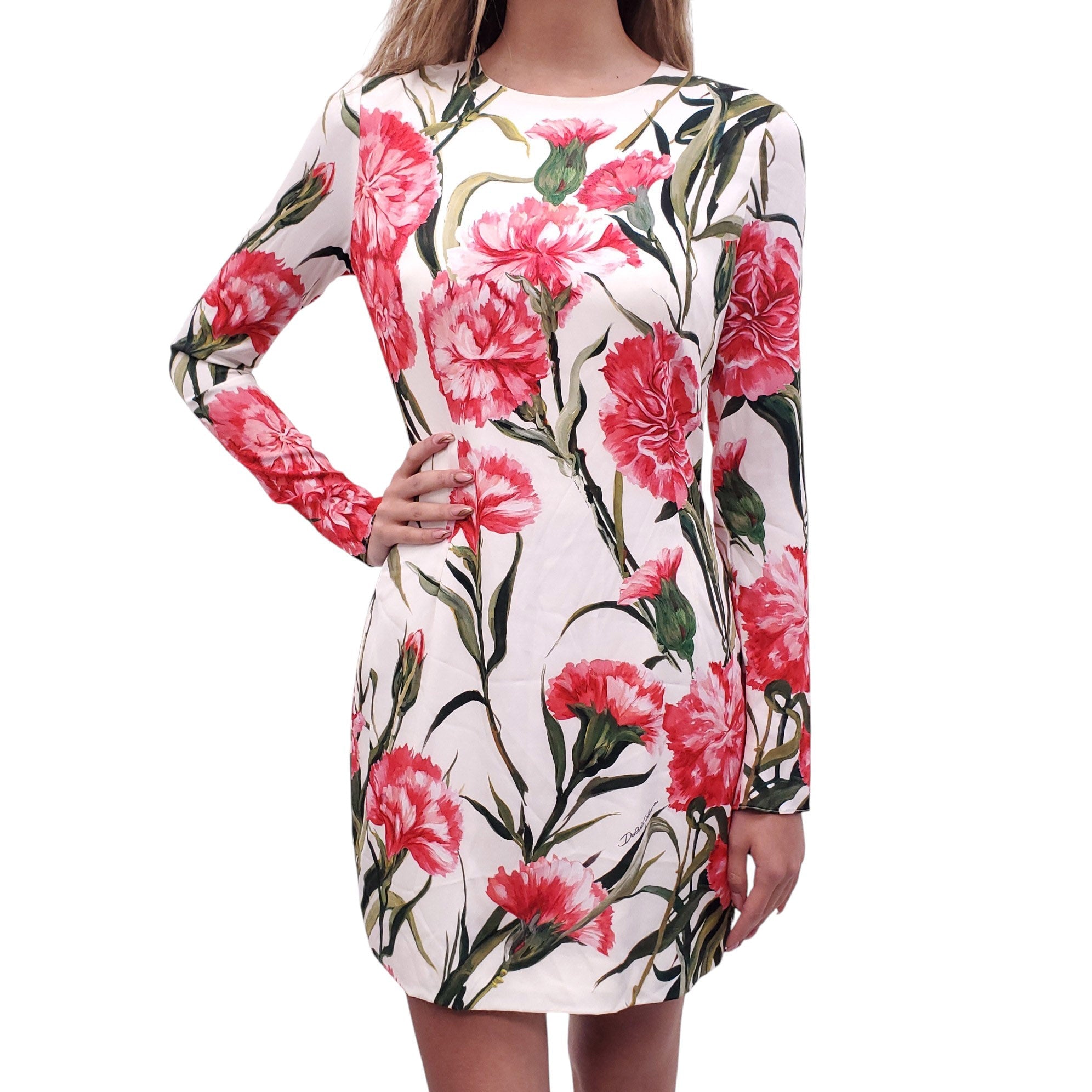 DOLCE & GABBANA WHITE AND PINK FLORAL CHARMEUSE MINI DRESS - SIZE 44