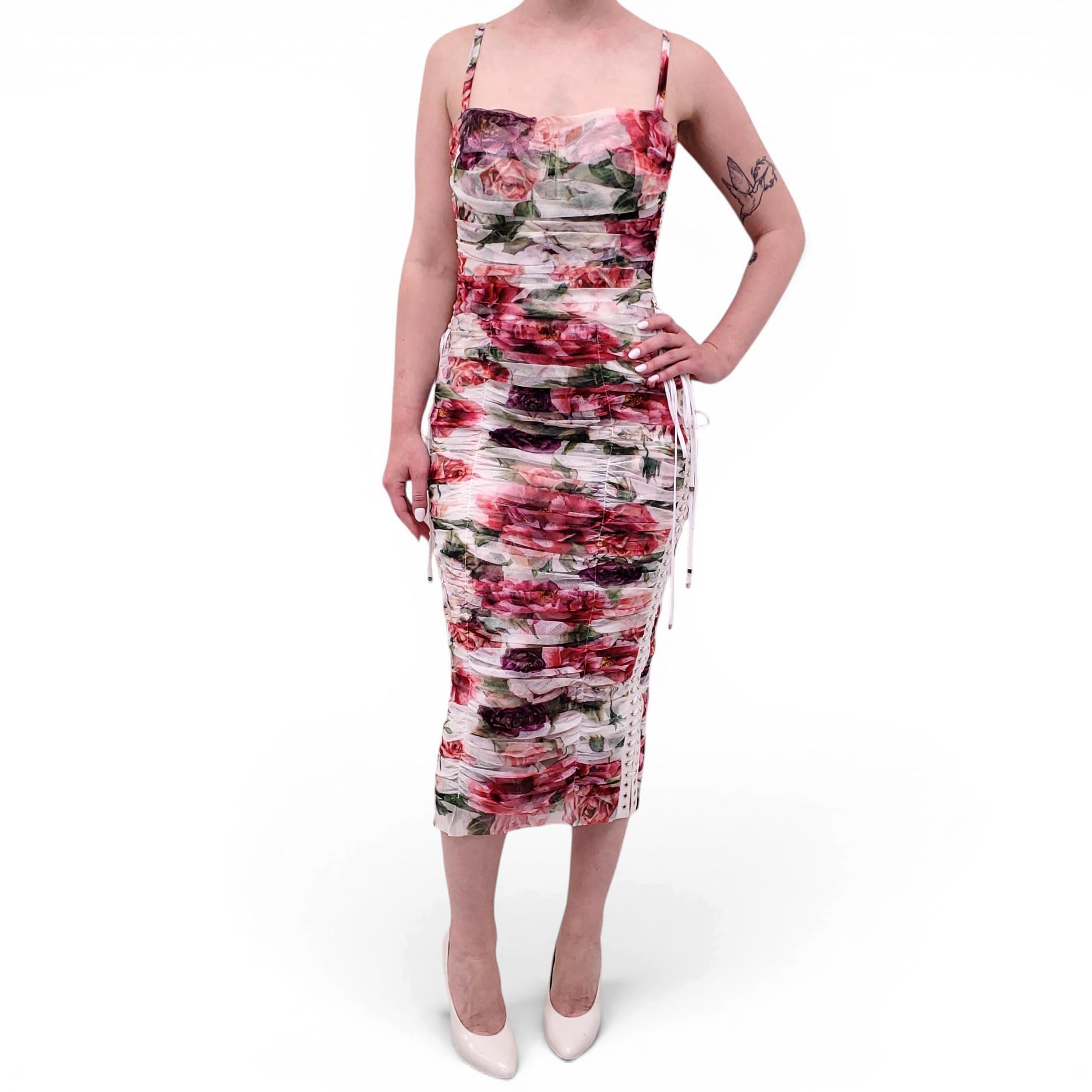 DOLCE & GABBANA WHITE RUCHED MESH MIDI DRESS WITH FLORAL DETAIL - SIZE 44