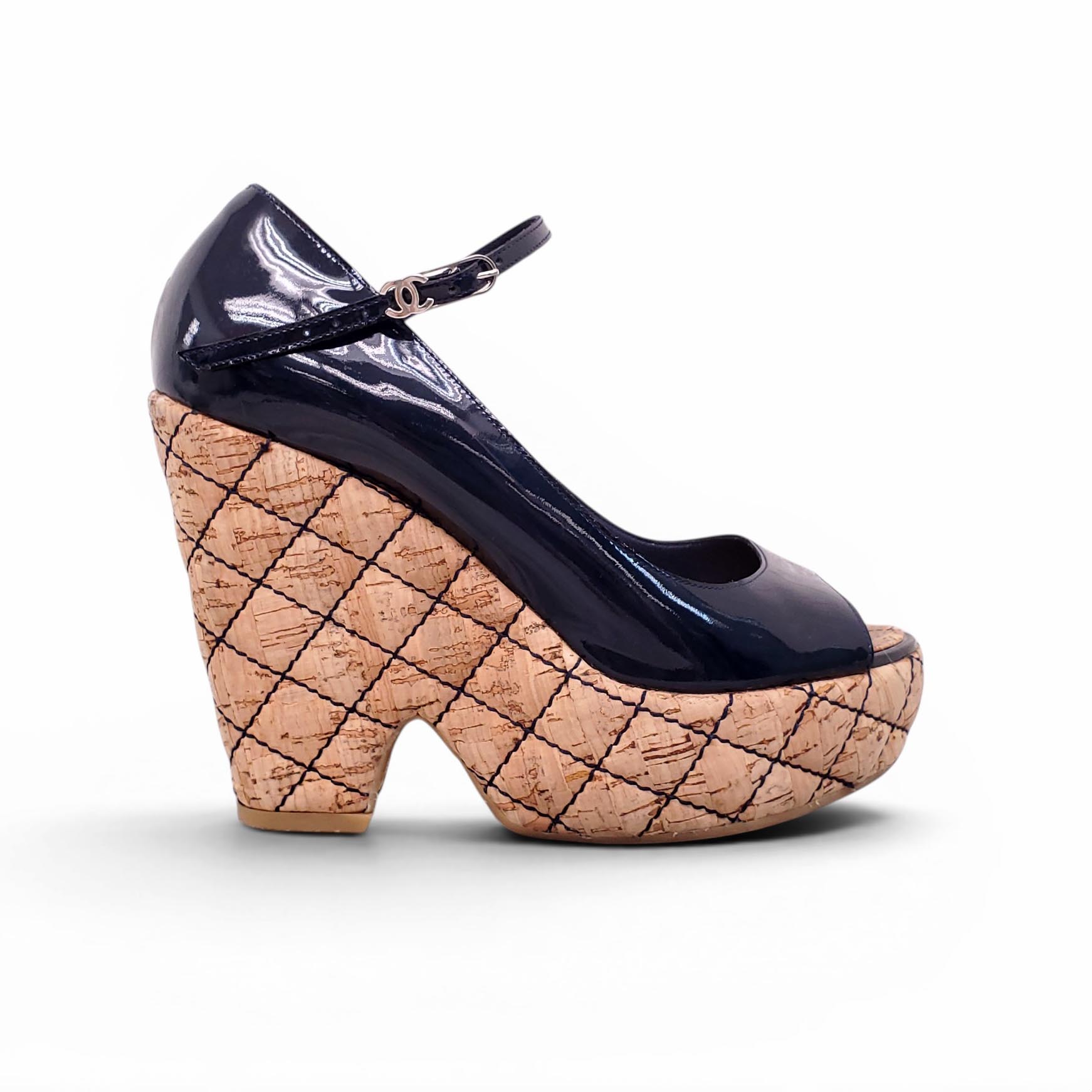 CHANEL NAVY PATENT CORK WEDGES - SIZE 37.5