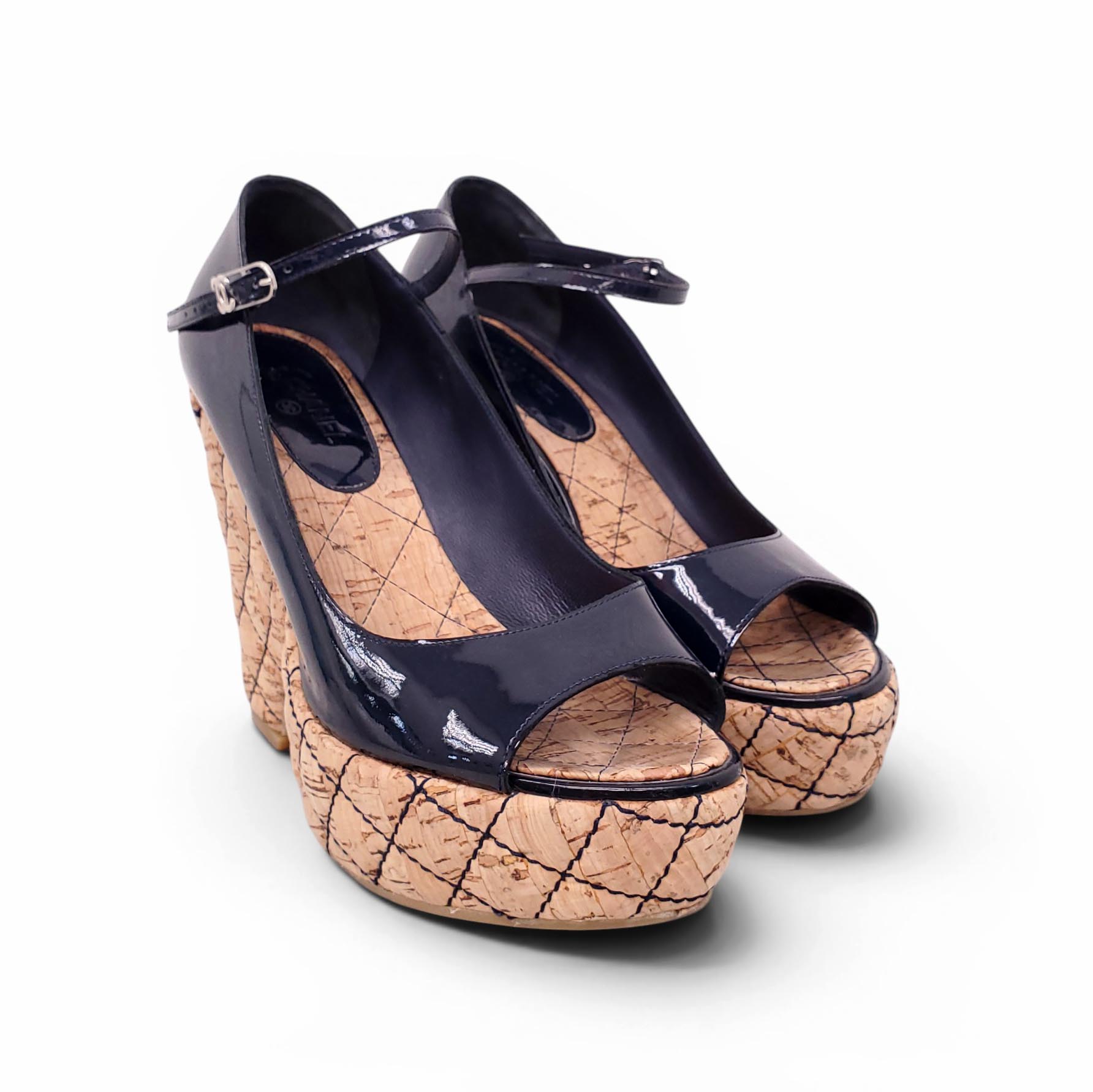 CHANEL NAVY PATENT CORK WEDGES - SIZE 37.5
