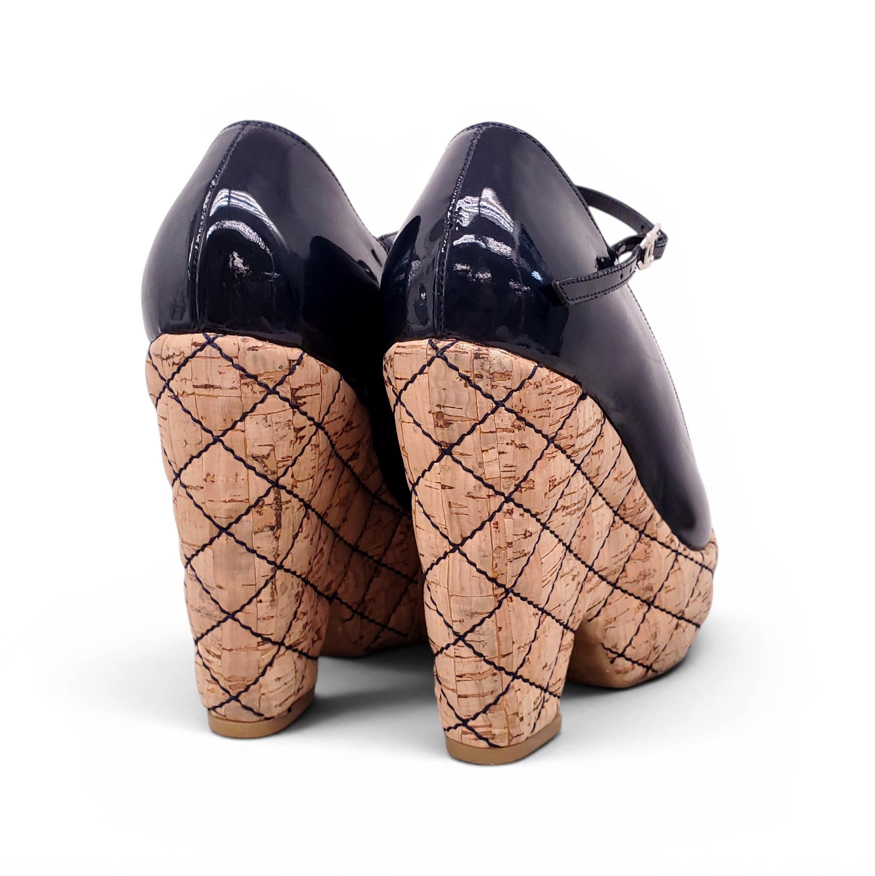 CHANEL NAVY PATENT CORK WEDGES - SIZE 37.5