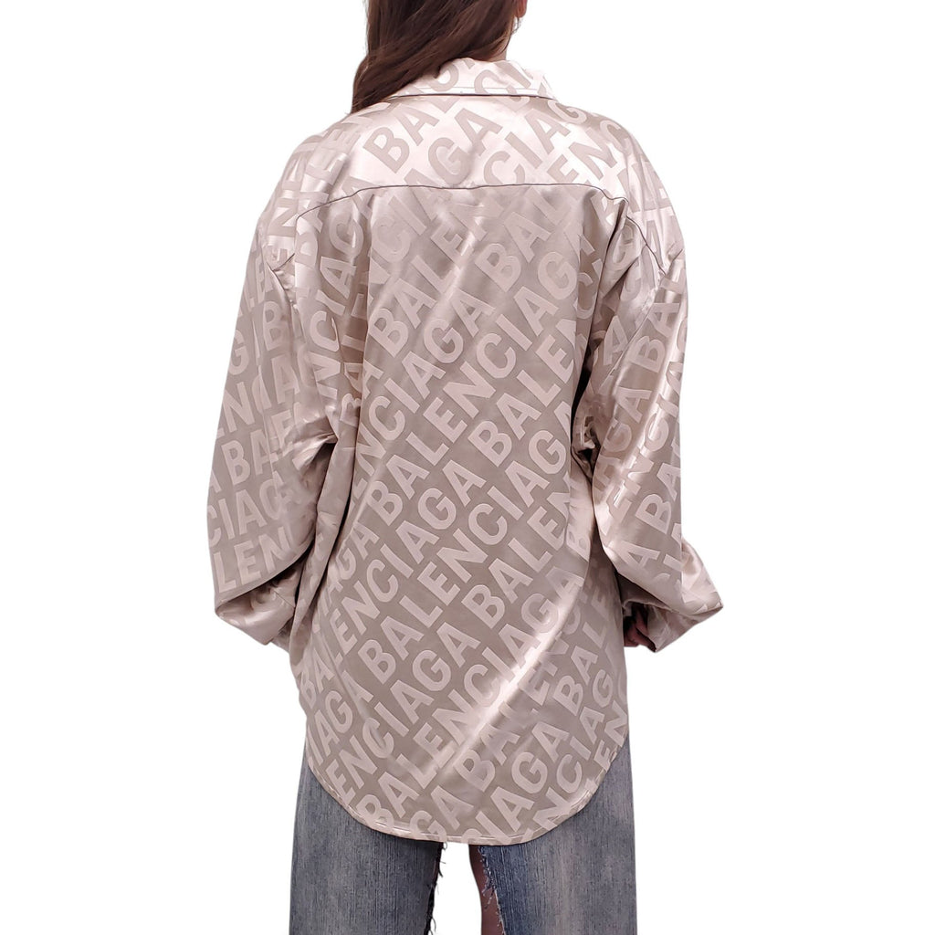 BALENCIAGA OVERSIZED LIGHT BEIGE FLUID JACQUARD LOGO SHIRT - SIZE 40