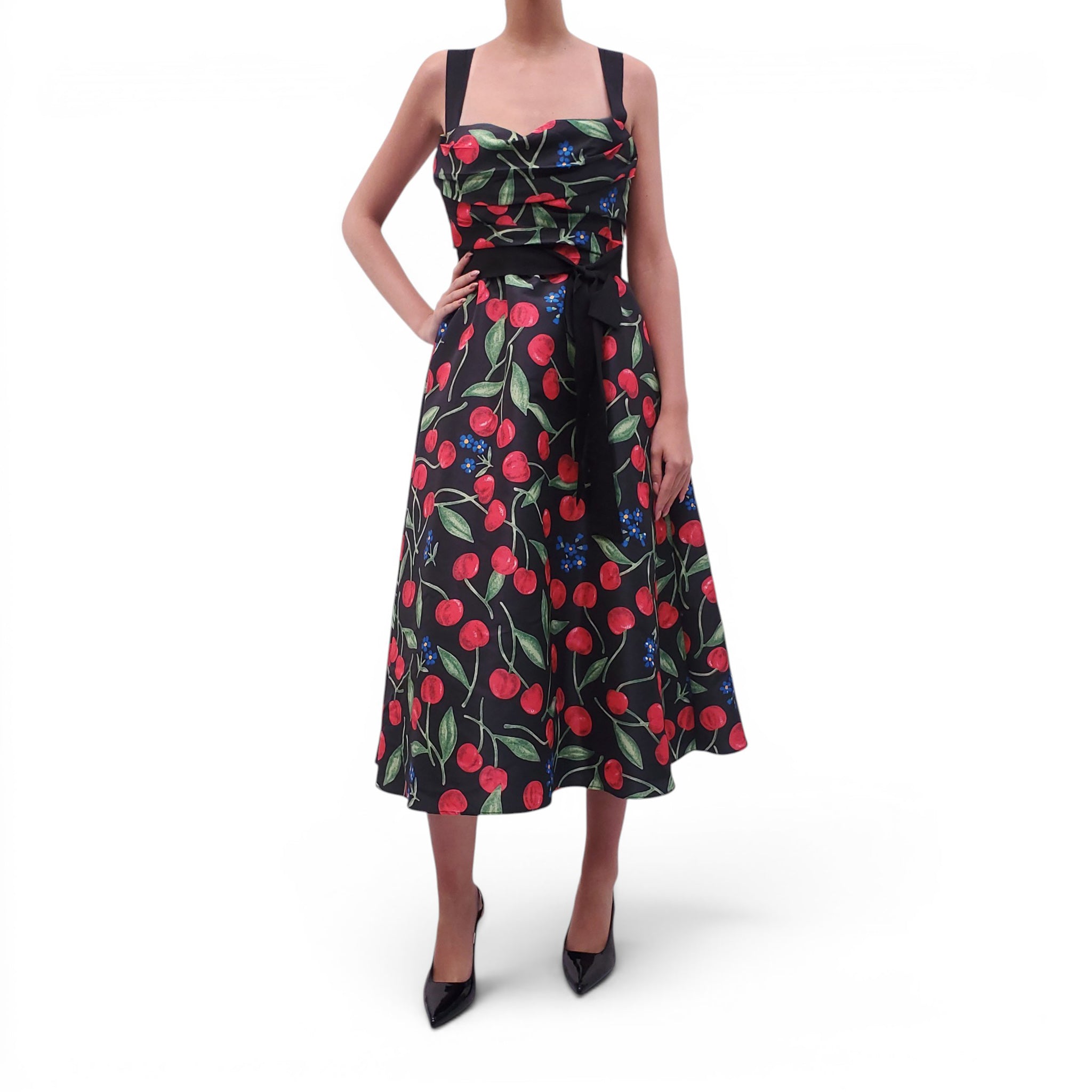 CAROLINA HERRERA BLACK CHERRY PATTERNED DRESS - SIZE 8