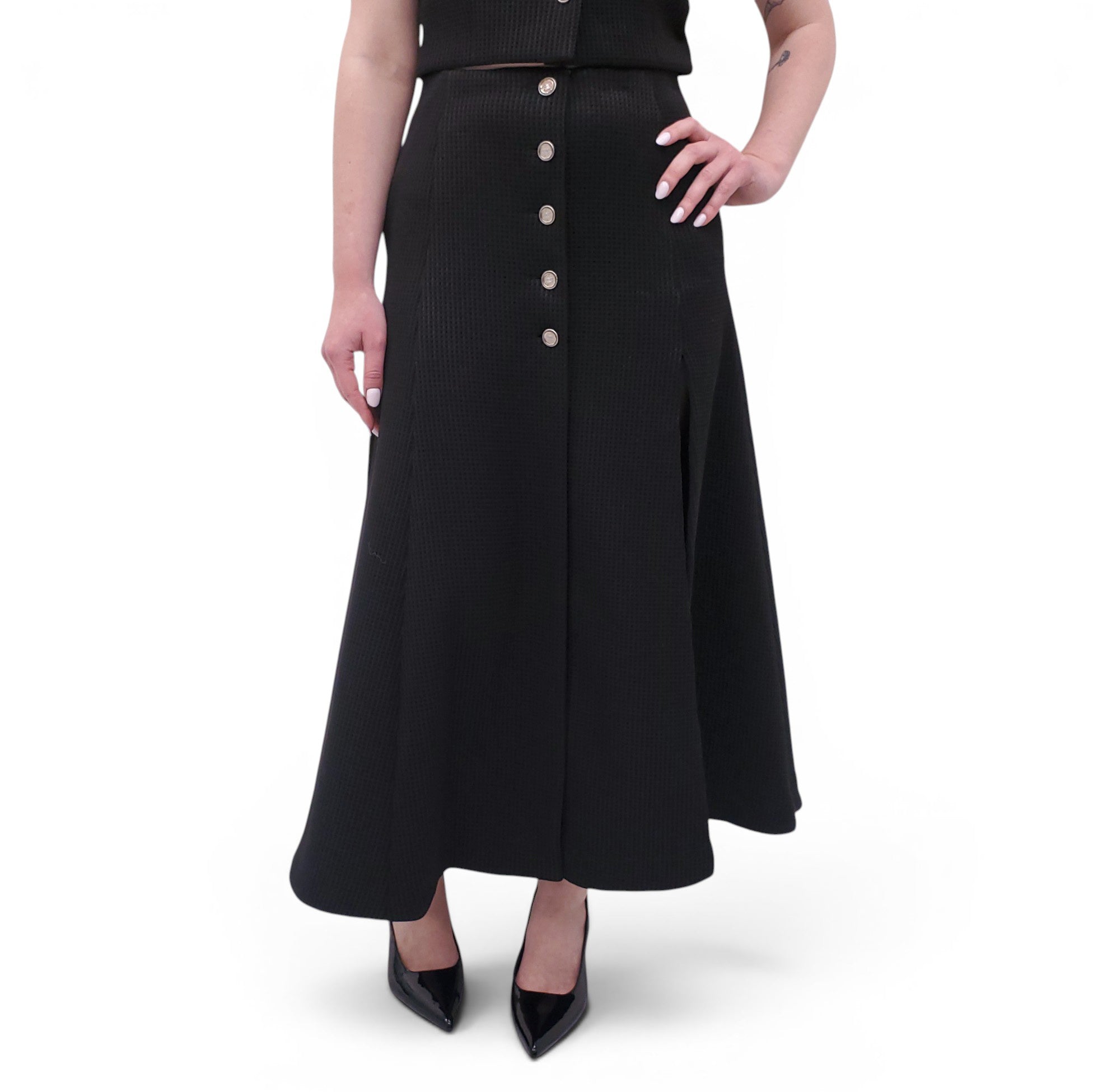CHANEL BLACK WAFFLE 2-PIECE SET WITH CC LOGO BUTTONS - SIZE 36/40