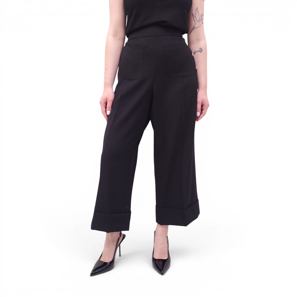CHANEL VINTAGE BLACK TROUSERS WITH GOLD LOGO BUTTONS - SIZE 46