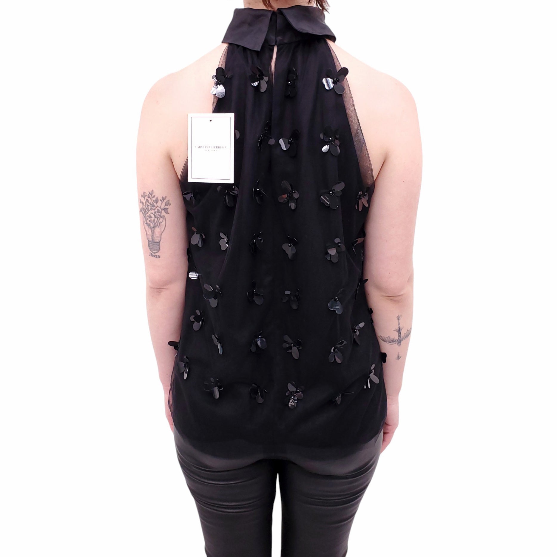 CAROLINA HERRERA BLACK SEQUIN TURTLENECK BLOUSE - SIZE 10