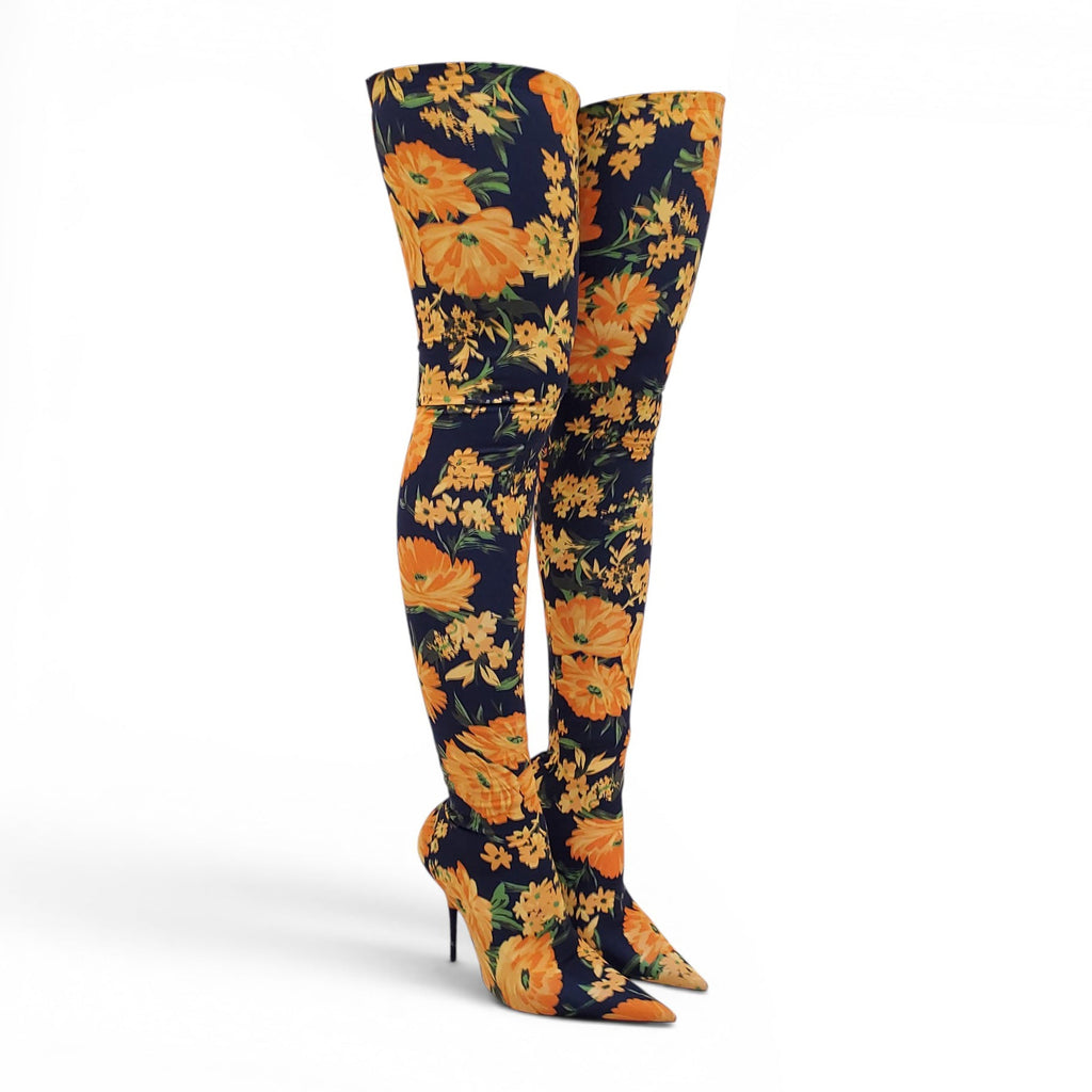 BALENCIAGA NAVY AND YELLOW FLORAL PRINT SPANDEX KNIFE BOOTS - SIZE 39