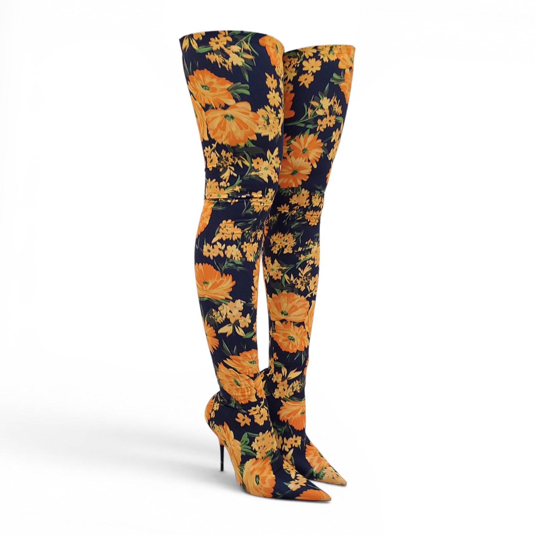 BALENCIAGA NAVY AND YELLOW FLORAL PRINT SPANDEX KNIFE BOOTS - SIZE 39