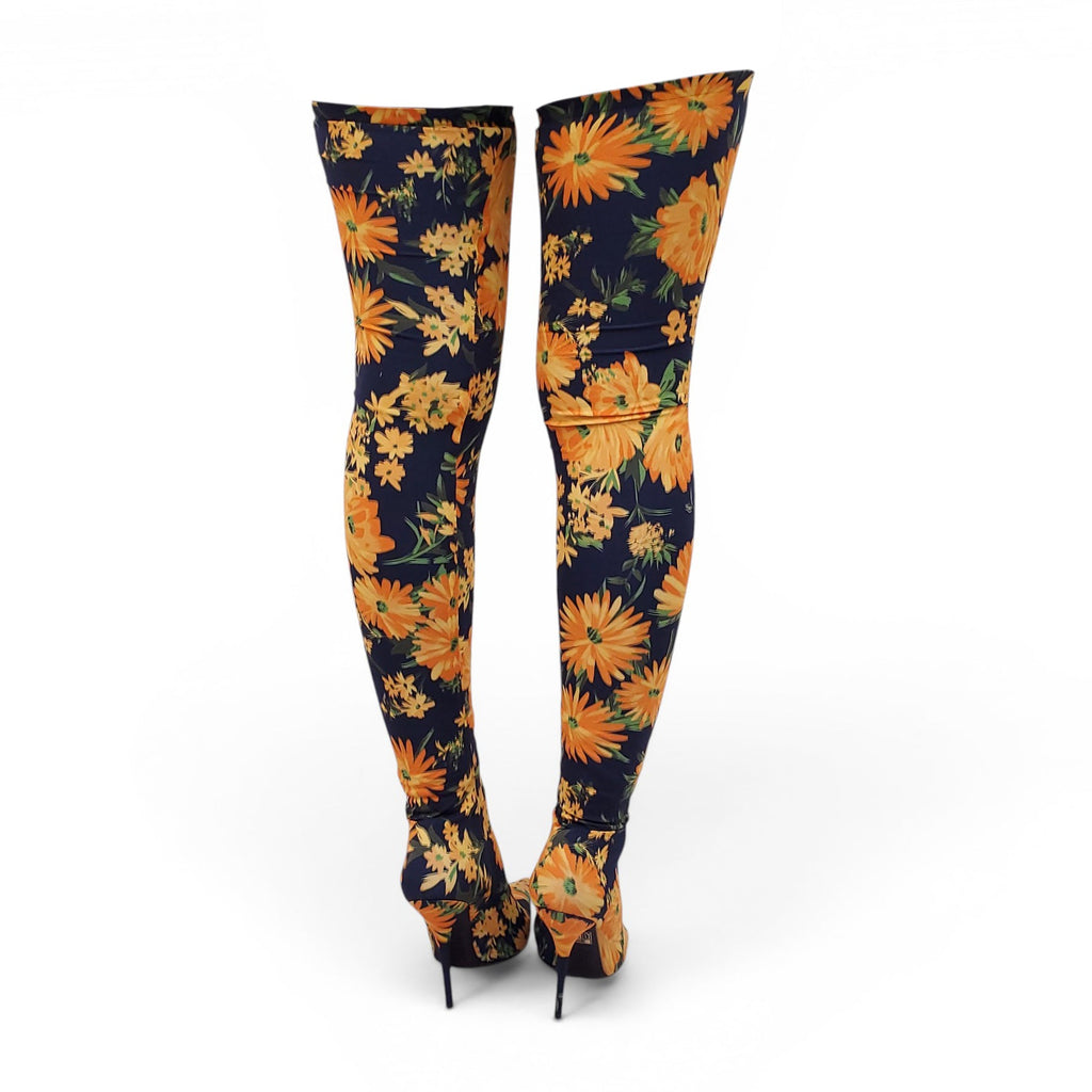 BALENCIAGA NAVY AND YELLOW FLORAL PRINT SPANDEX KNIFE BOOTS - SIZE 39