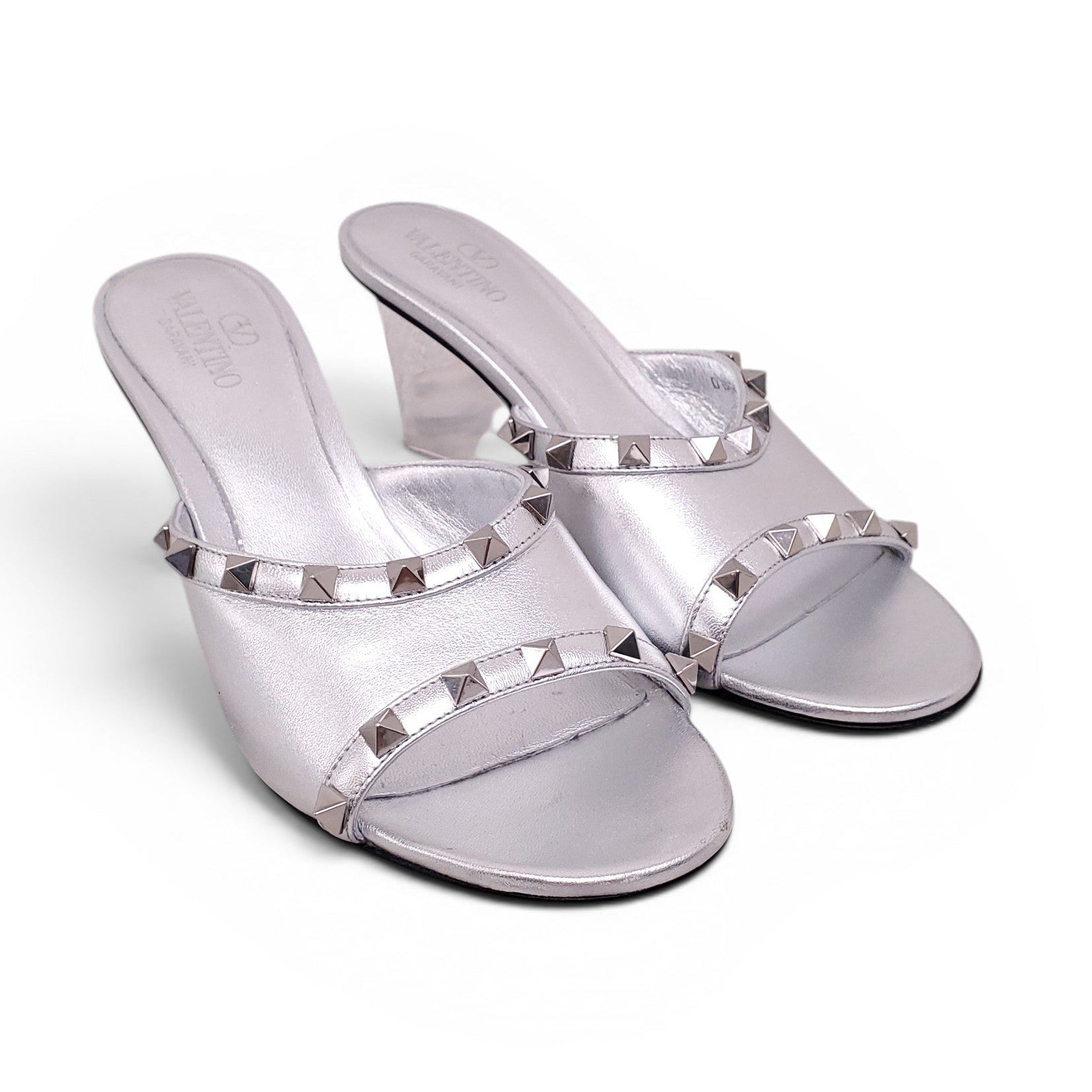 VALENTINO SILVER AND CLEAR PVC ROCKSTUD WEDGES - SIZE 38.5