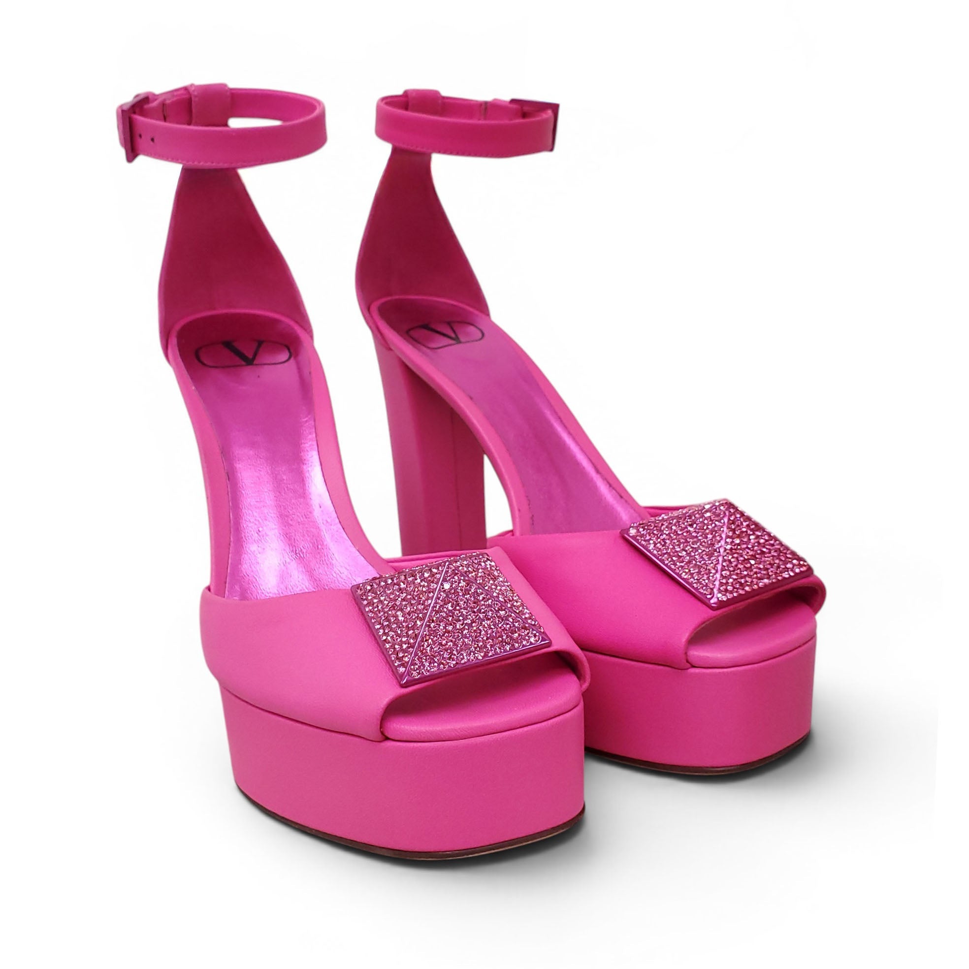 VALENTINO PINK CRYSTAL ROMAN ROCKSTUD PEEP TOE HEELS - SIZE 38