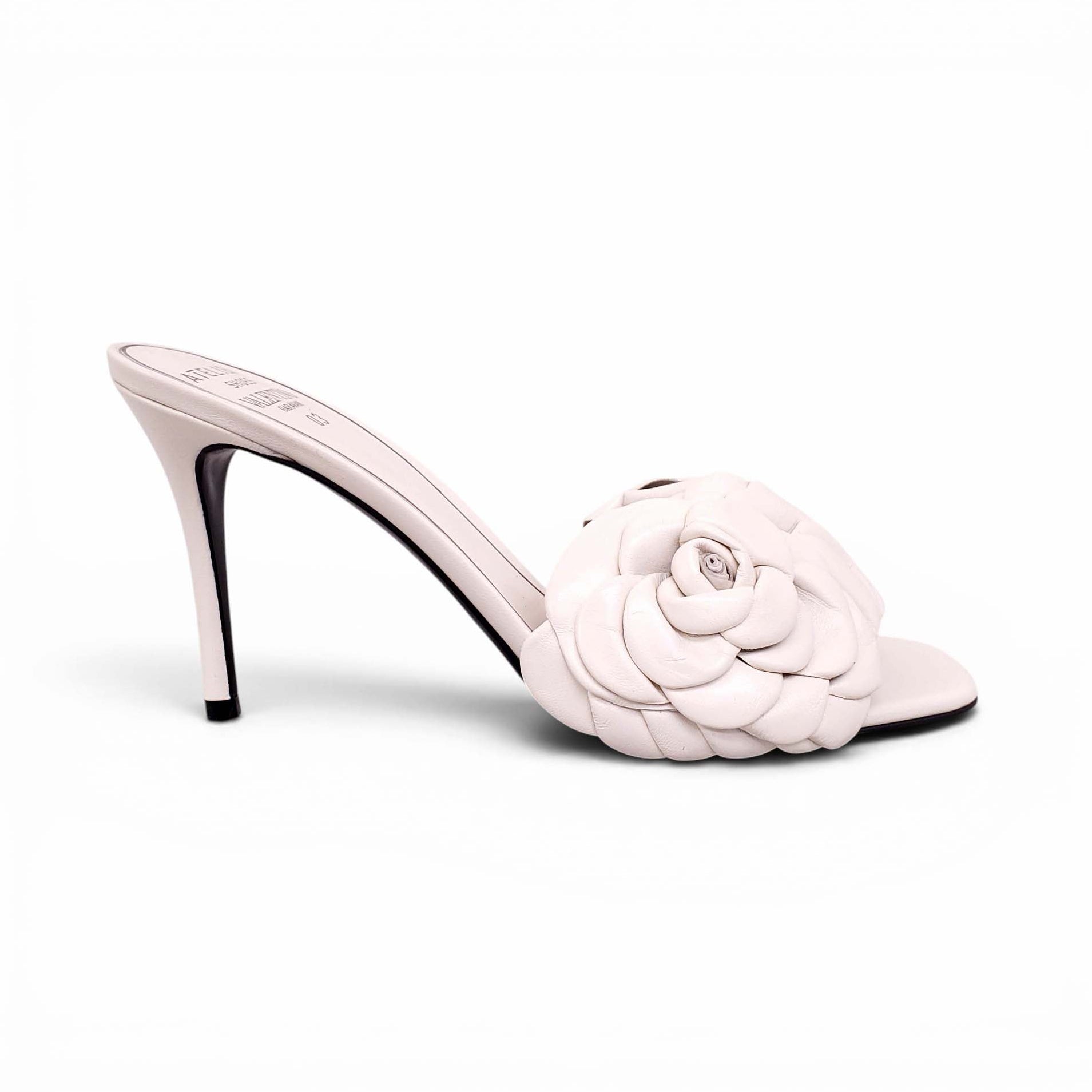 VALENTINO WHITE LEATHER ROSETTE MULES - SIZE 38.5