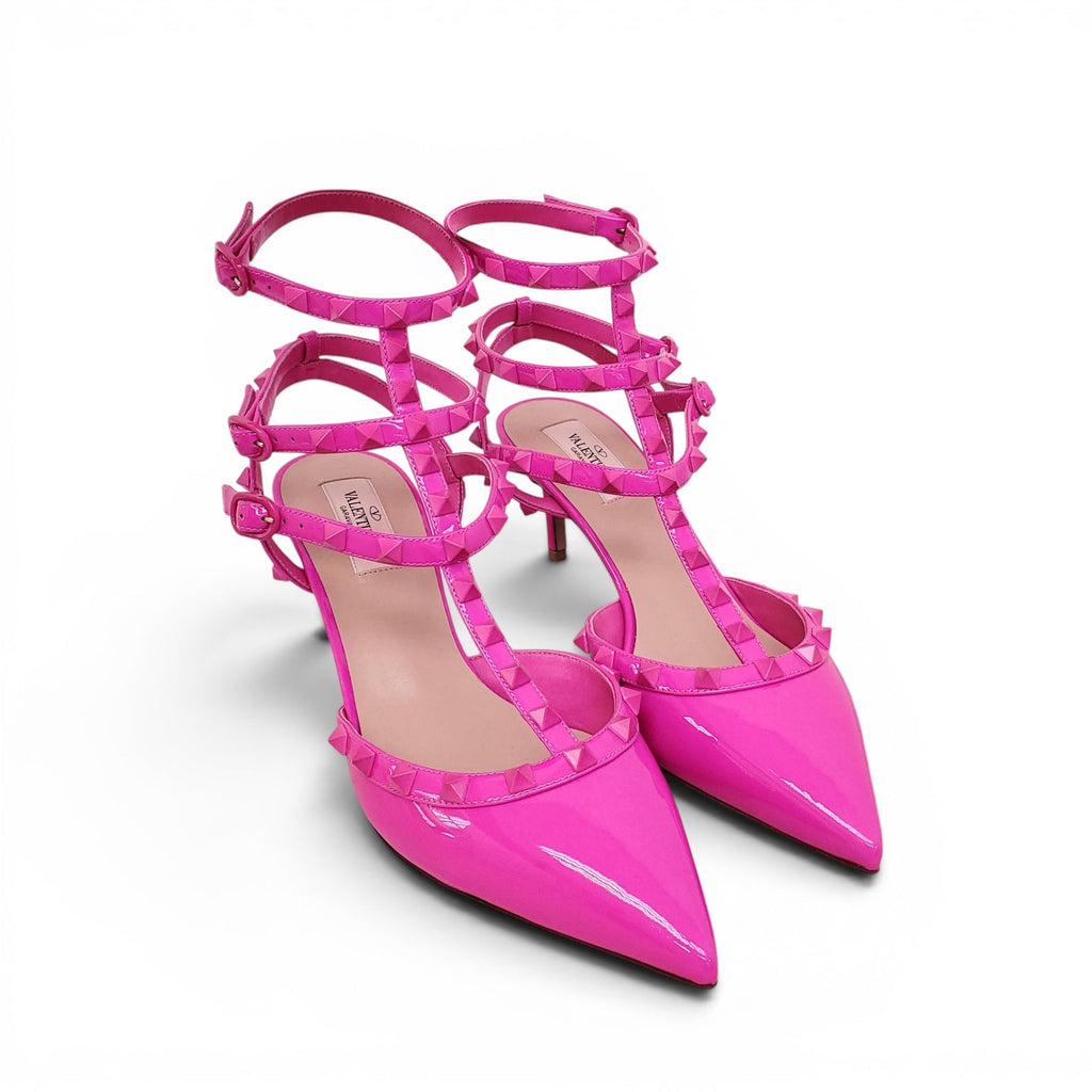 VALENTINO PINK PATENT LEATHER ROCKSTUD KITTEN HEELS - SIZE 39