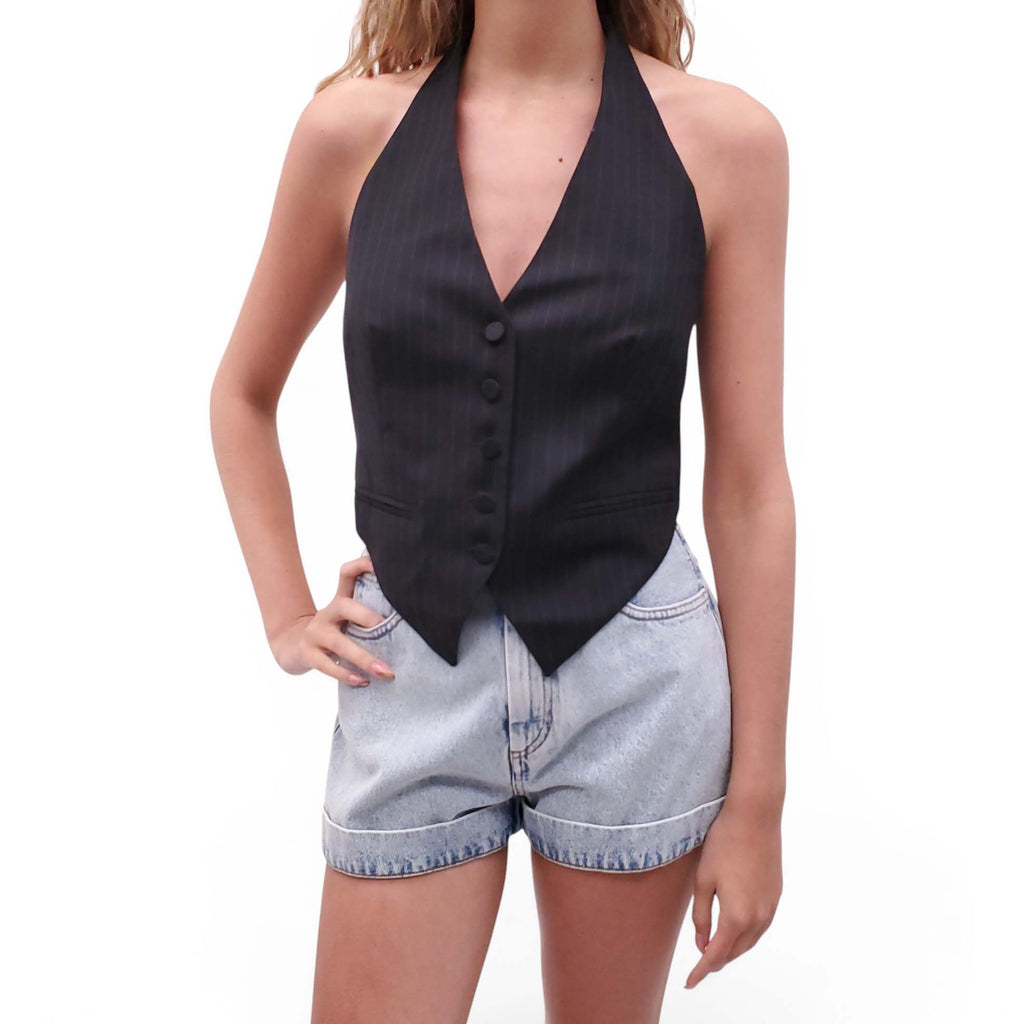 AYA MUSE BLACK PINSTRIPED HALTER VEST - SIZE M