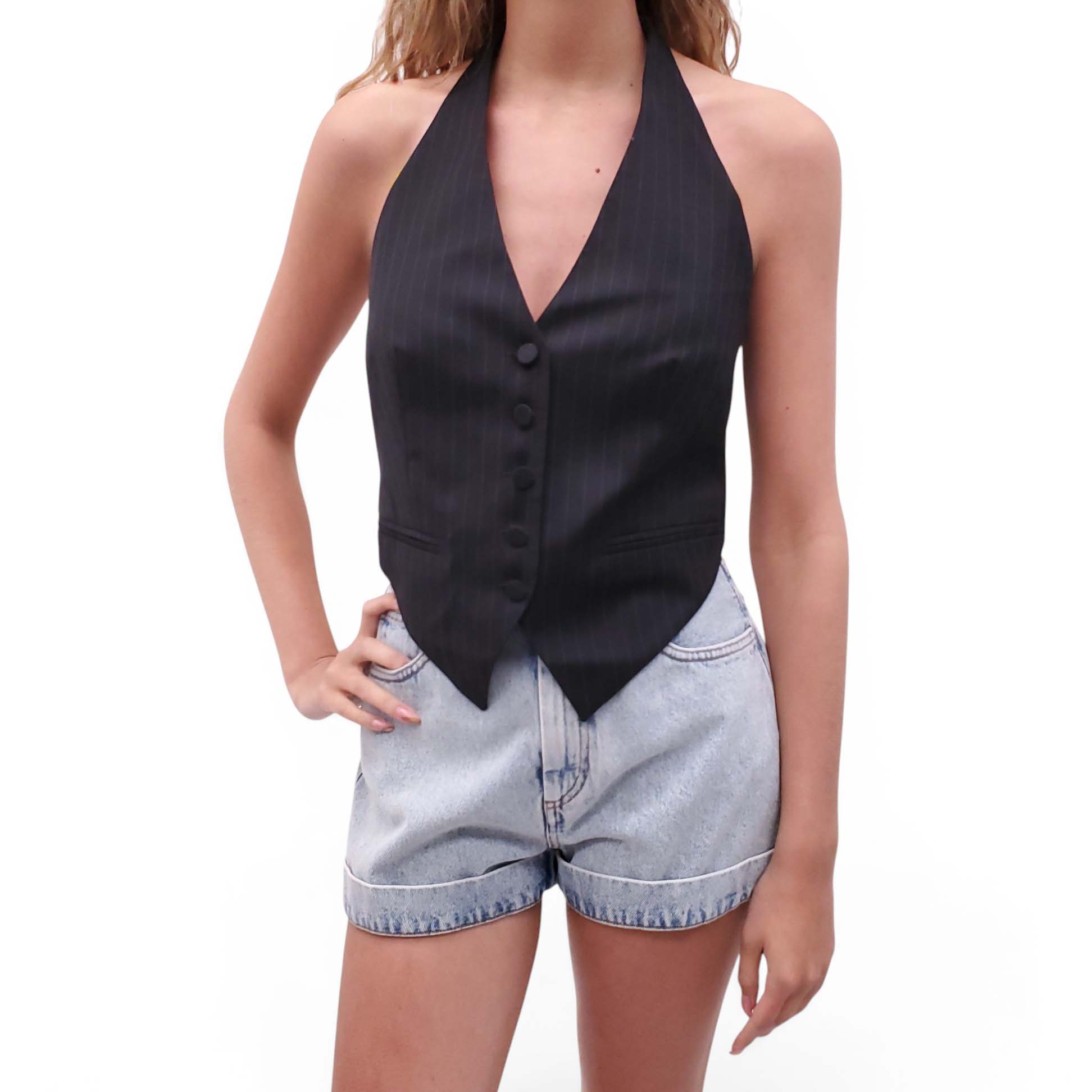 AYA MUSE BLACK PINSTRIPED HALTER VEST - SIZE M