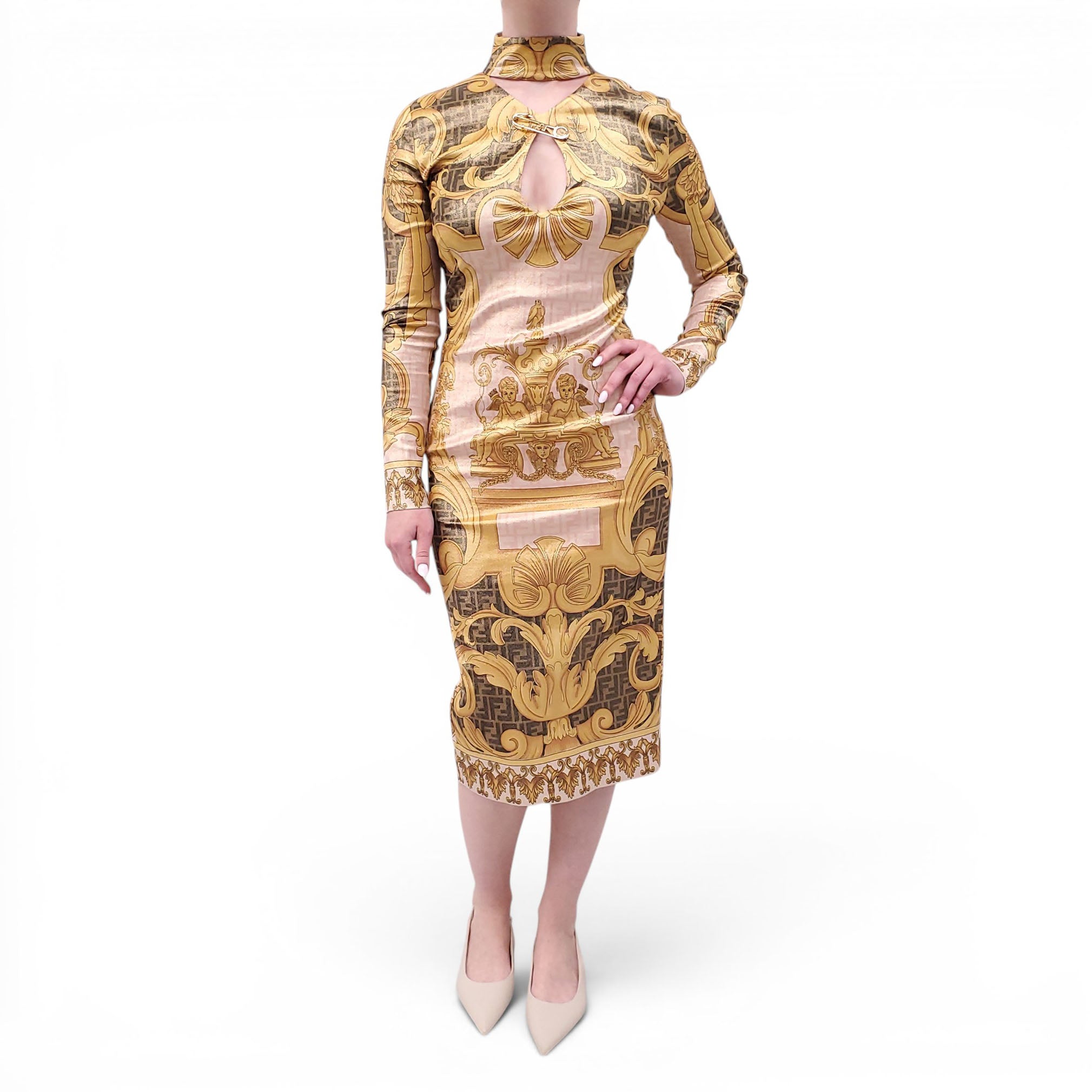 FENDACE PATTERNED MIDI DRESS WITH LOGO PIN DETAIL - SIZE 40