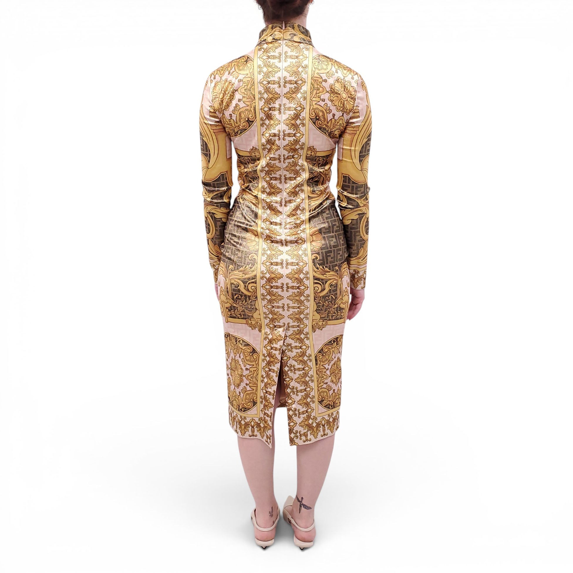 FENDACE PATTERNED MIDI DRESS WITH LOGO PIN DETAIL - SIZE 40