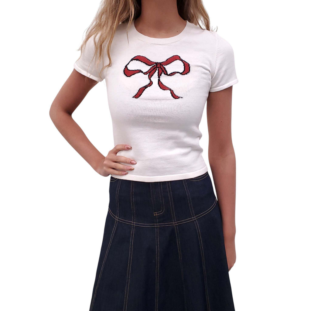 MIRROR PALAIS CREAM SHORT-SLEEVE TOP WITH BOW - SIZE S