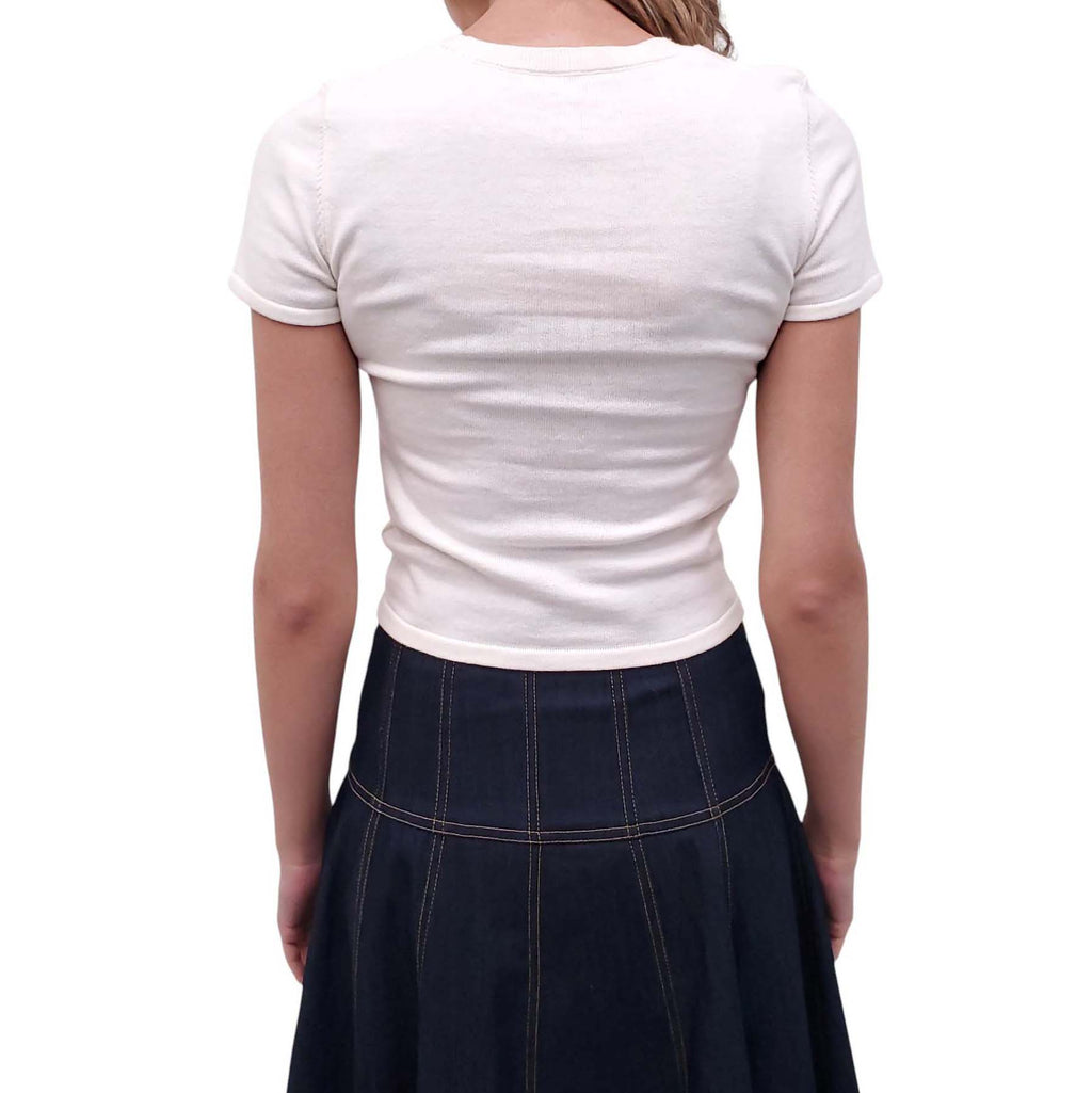 MIRROR PALAIS CREAM SHORT-SLEEVE TOP WITH BOW - SIZE S